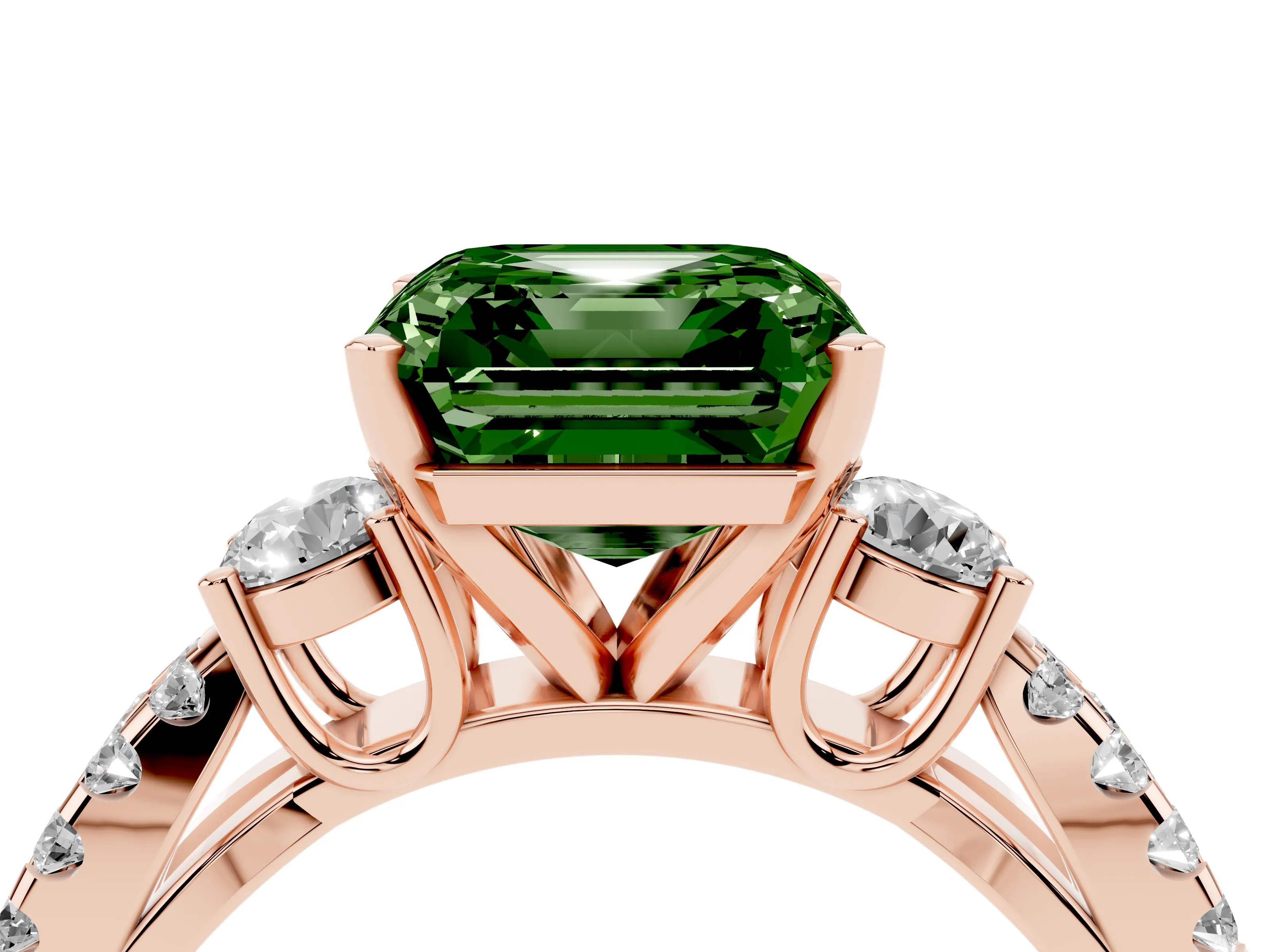 Fancy Green Asscher Cut Diamond Three-Stone Ring Set in Rose gold with Pavé Split Shank and Prong Setting