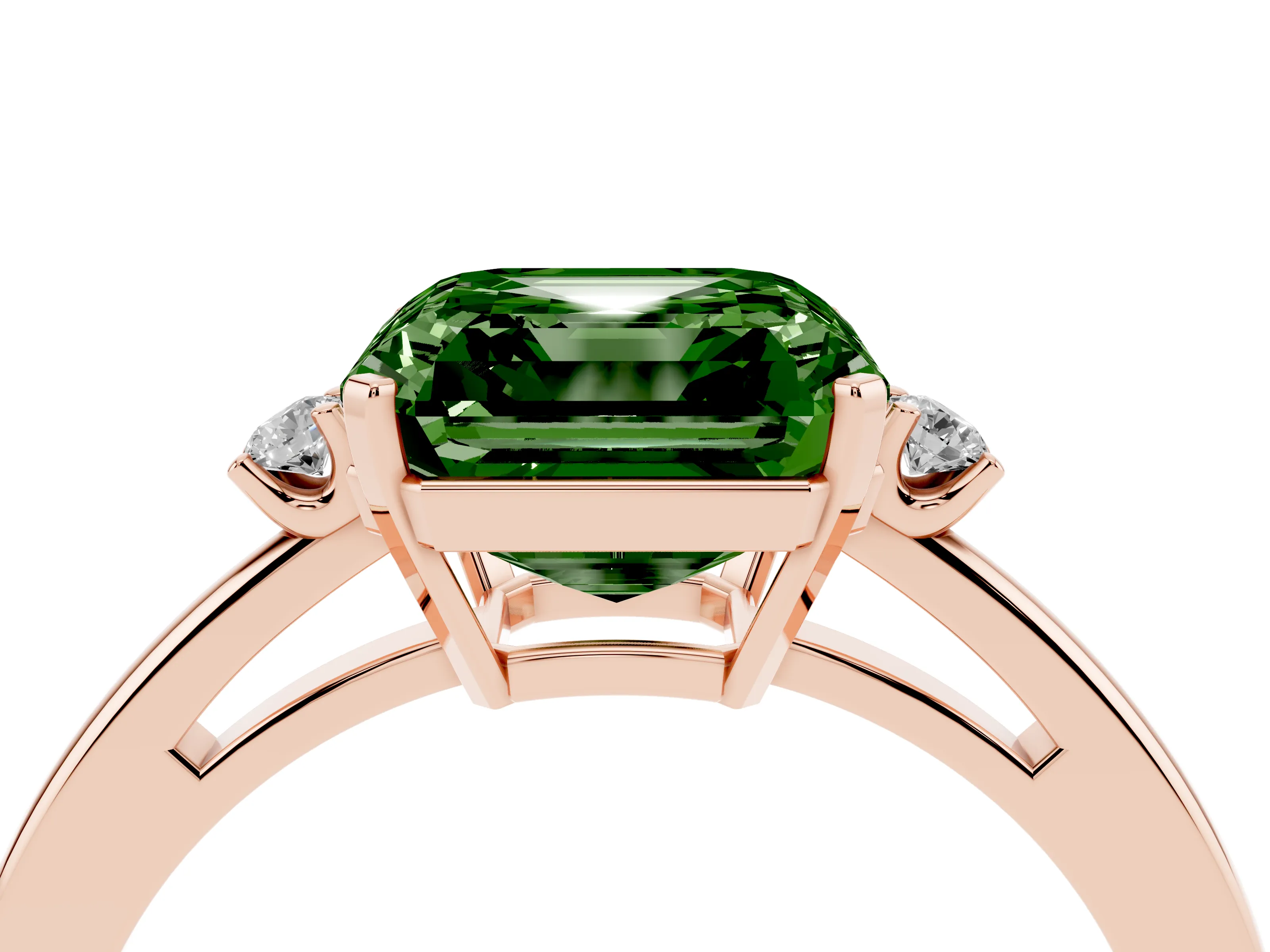 Fancy Green Three-Stone Asscher Cut Diamond Solitaire Ring Set in Rose gold with Round Accent Stones and Prong Setting