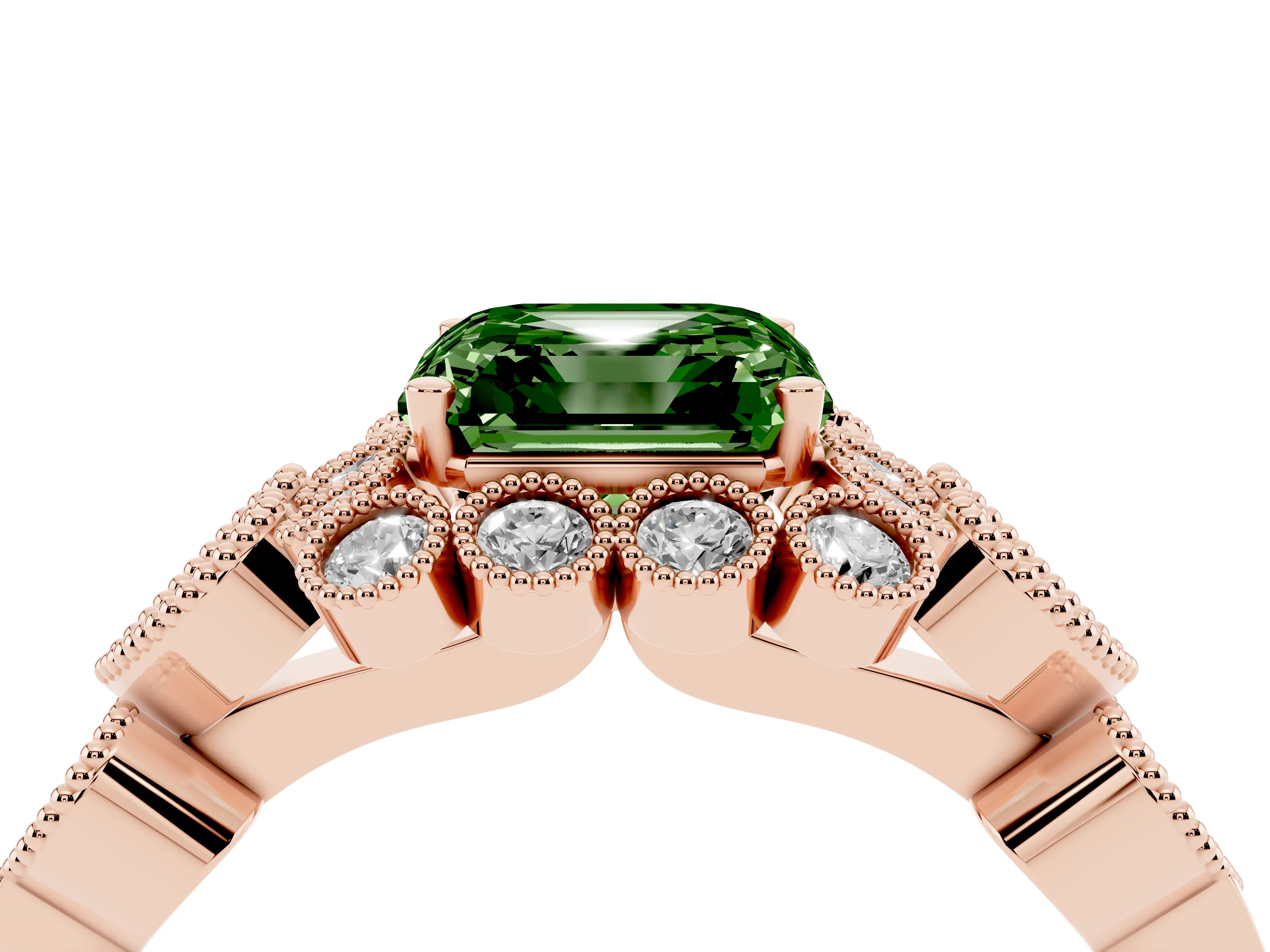 Fancy Green Asscher Cut Diamond Solitaire Ring Set in Rose gold with Milgrain Pavé Heart Band