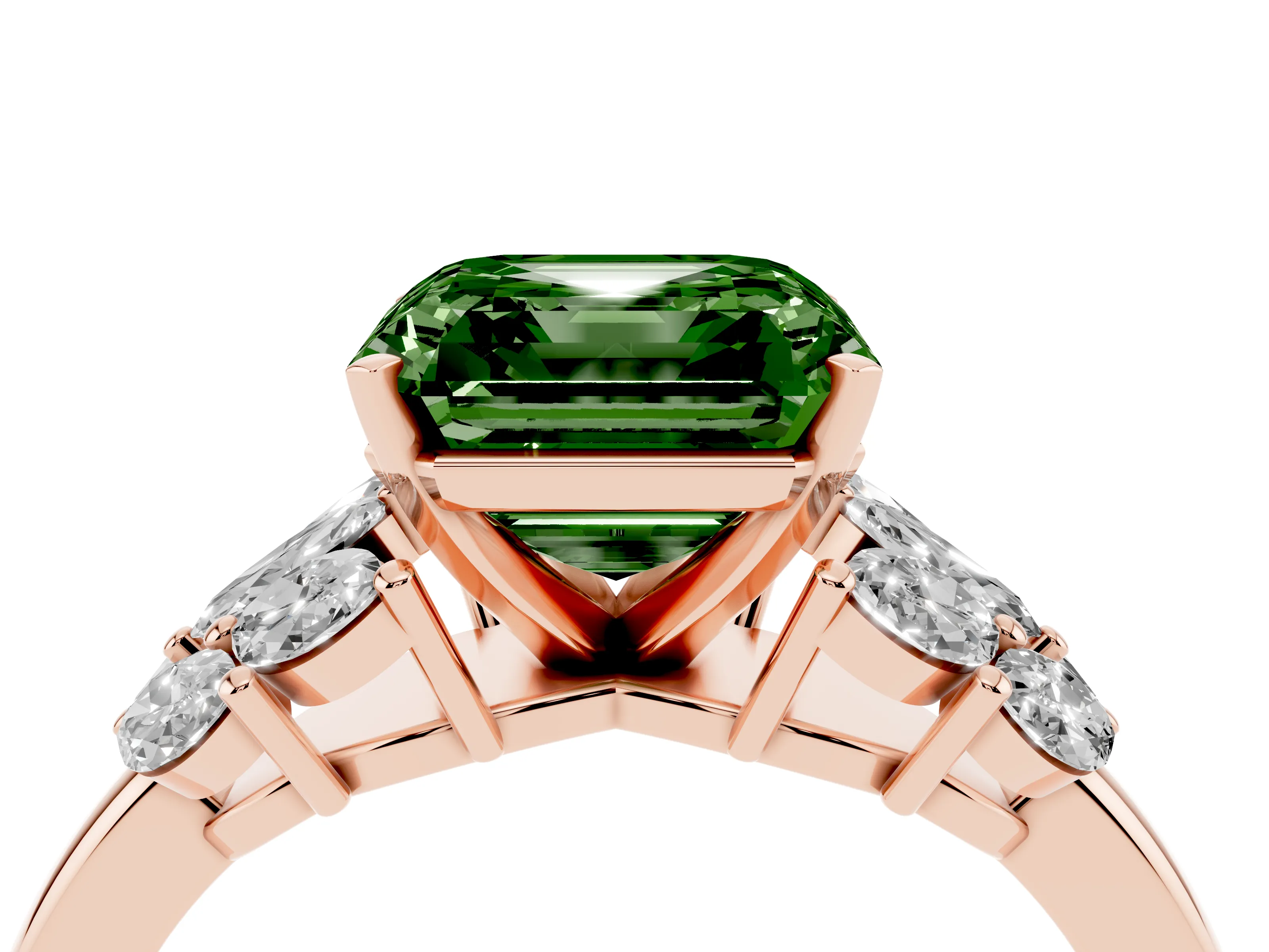 Fancy Green Asscher Cut Diamond Cluster Leaf Design Ring Set in Rose gold with Prong Setting
