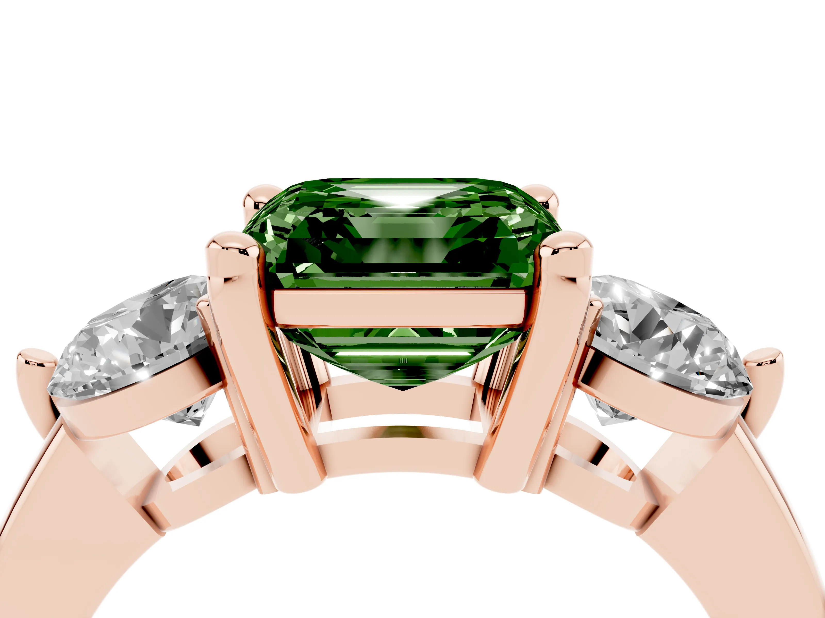 Fancy Green Asscher Cut Diamond Three-Stone Ring Set in Rose gold with Prong Setting and Classic Band