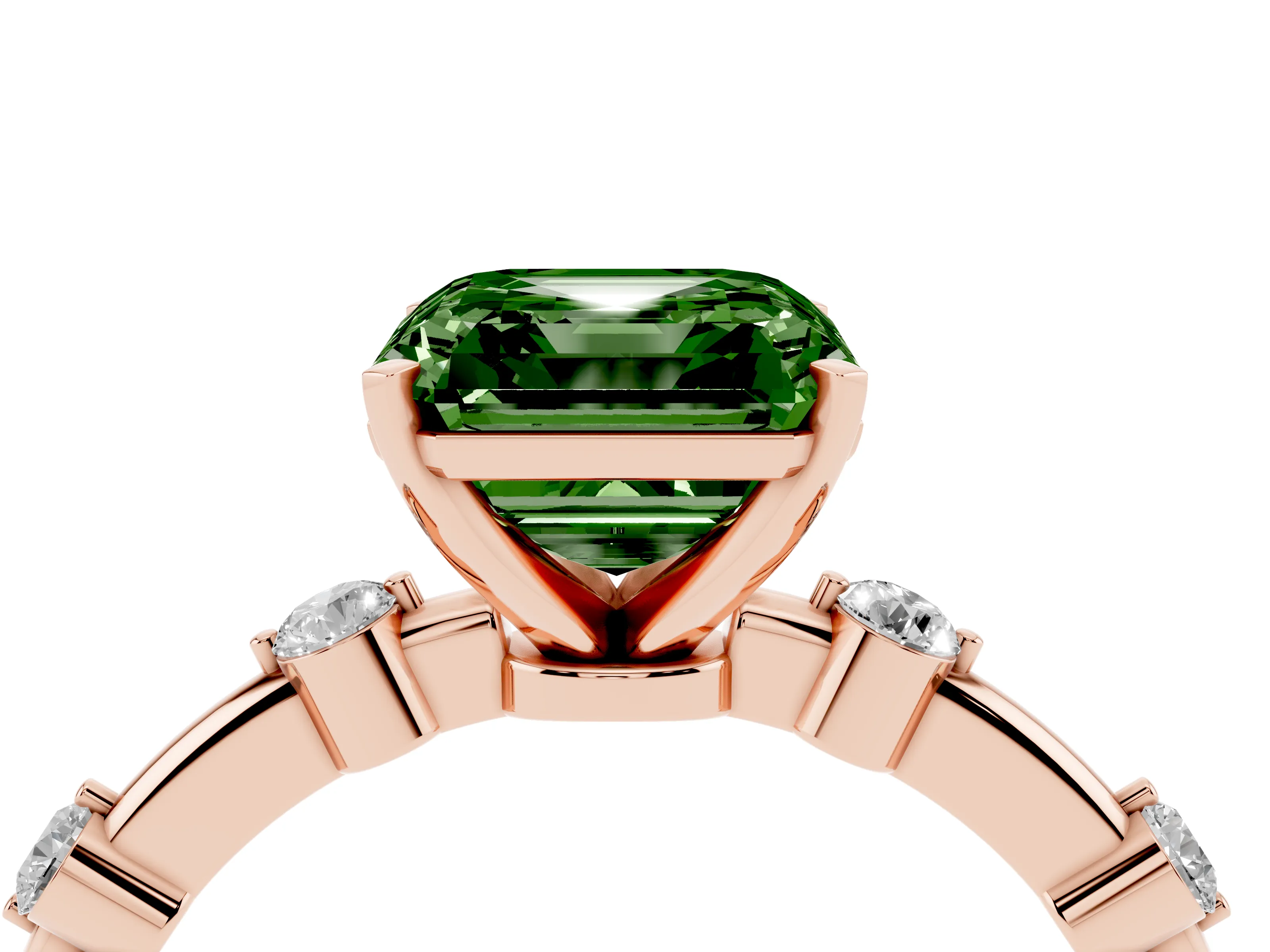 Fancy Green Asscher Cut Diamond Solitaire Ring Set in Rose gold with Bezel Set Side Stones and Prong Setting