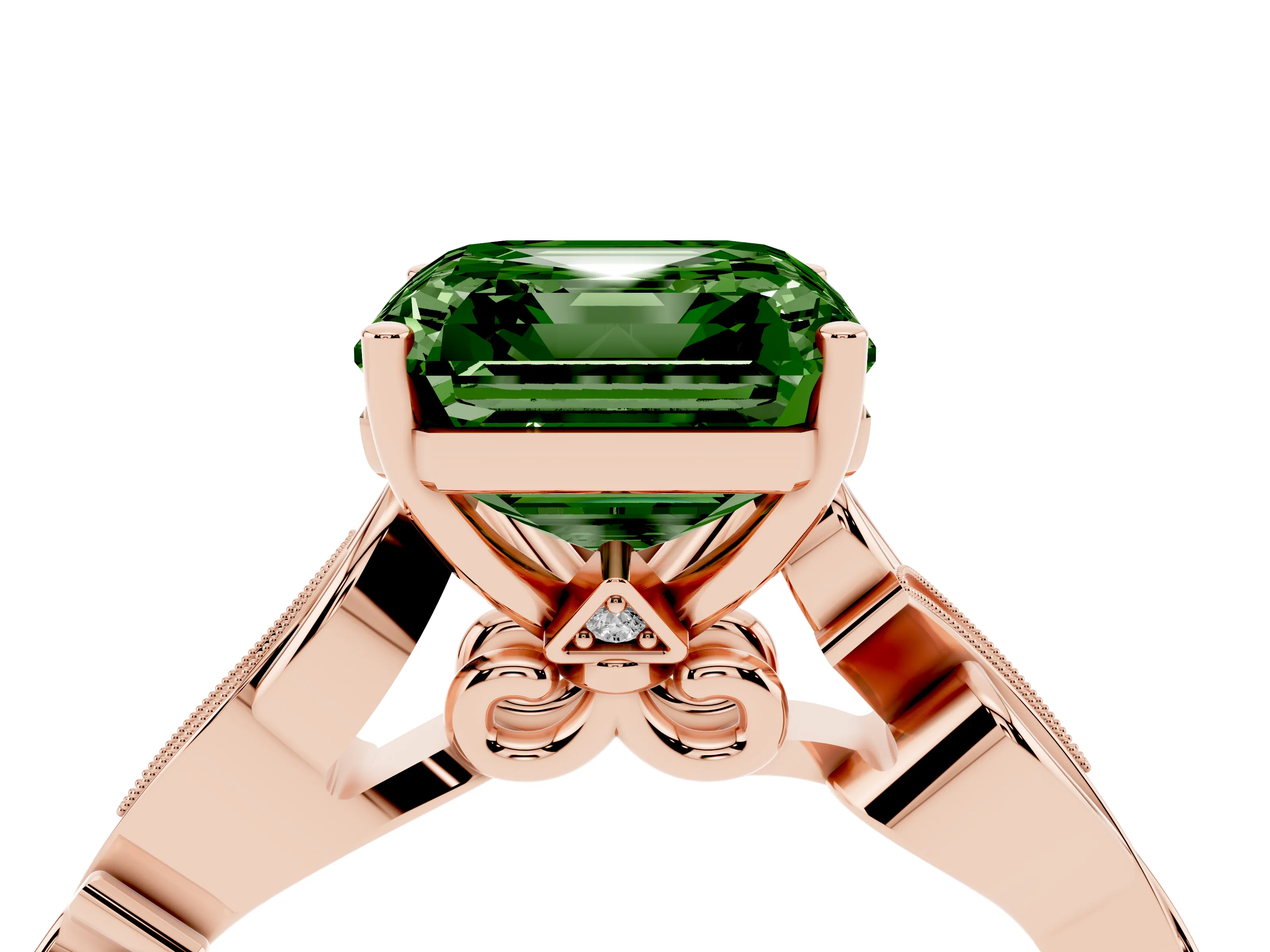 Fancy Green Asscher Cut Diamond Vine Band Solitaire Ring Set in Rose gold with Milgrain Prong Setting