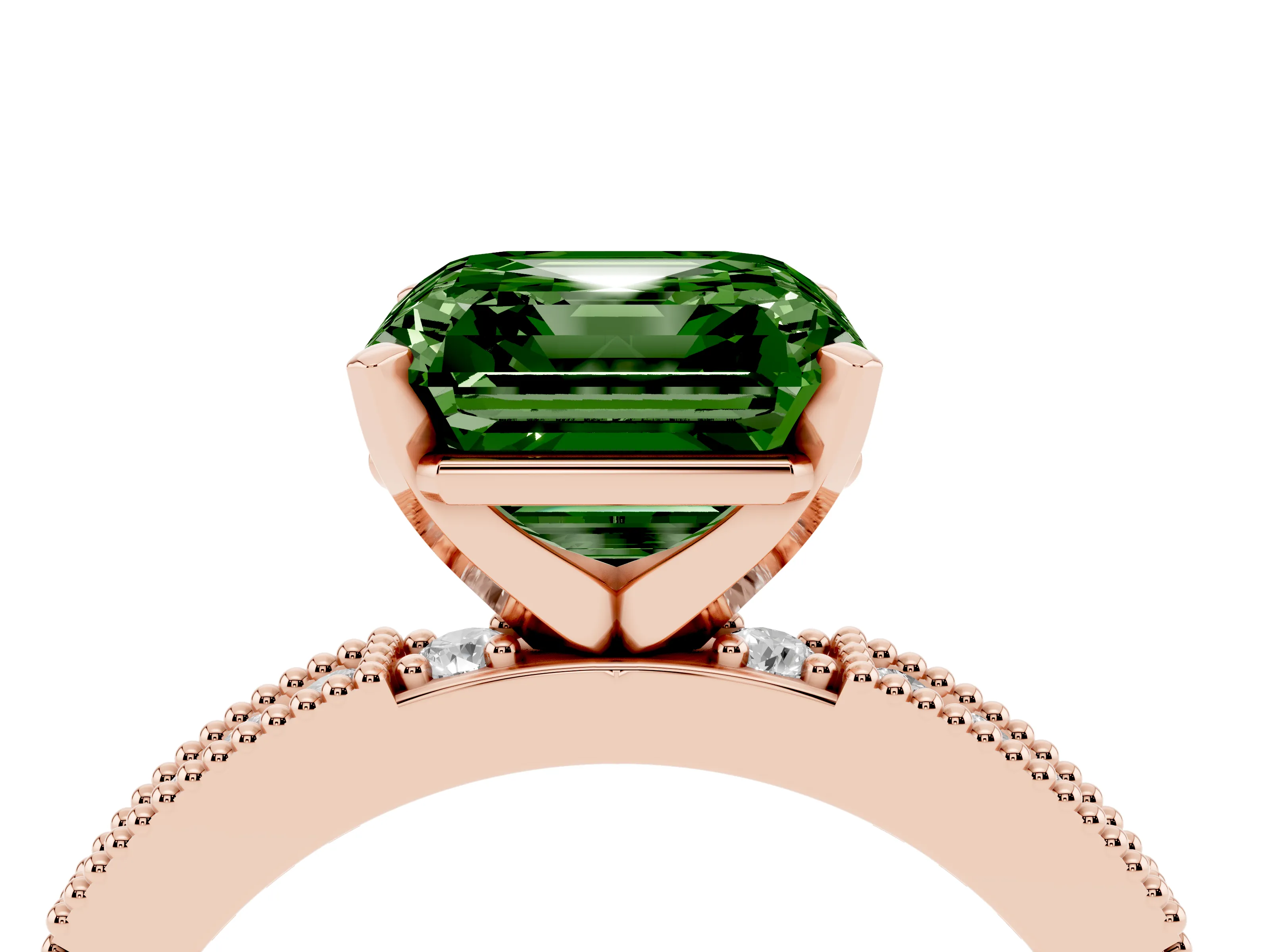 Fancy Green Asscher Cut Diamond Solitaire Ring Set in Rose gold with Slim Pavé Band and Prong Setting