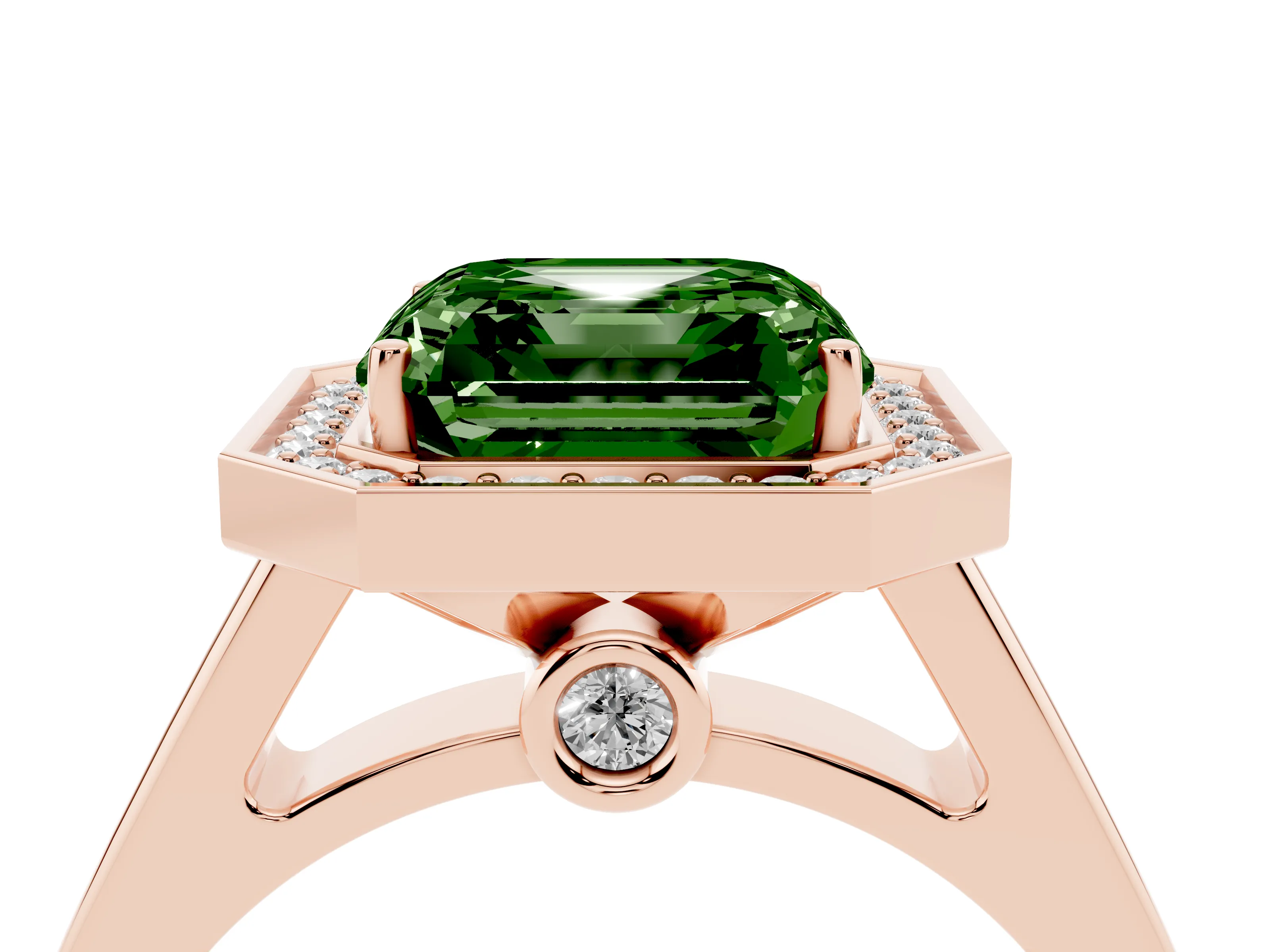Fancy Green Asscher Cut Diamond Halo Solitaire Ring Set in Rose gold with Pavé Band and Bezel Setting