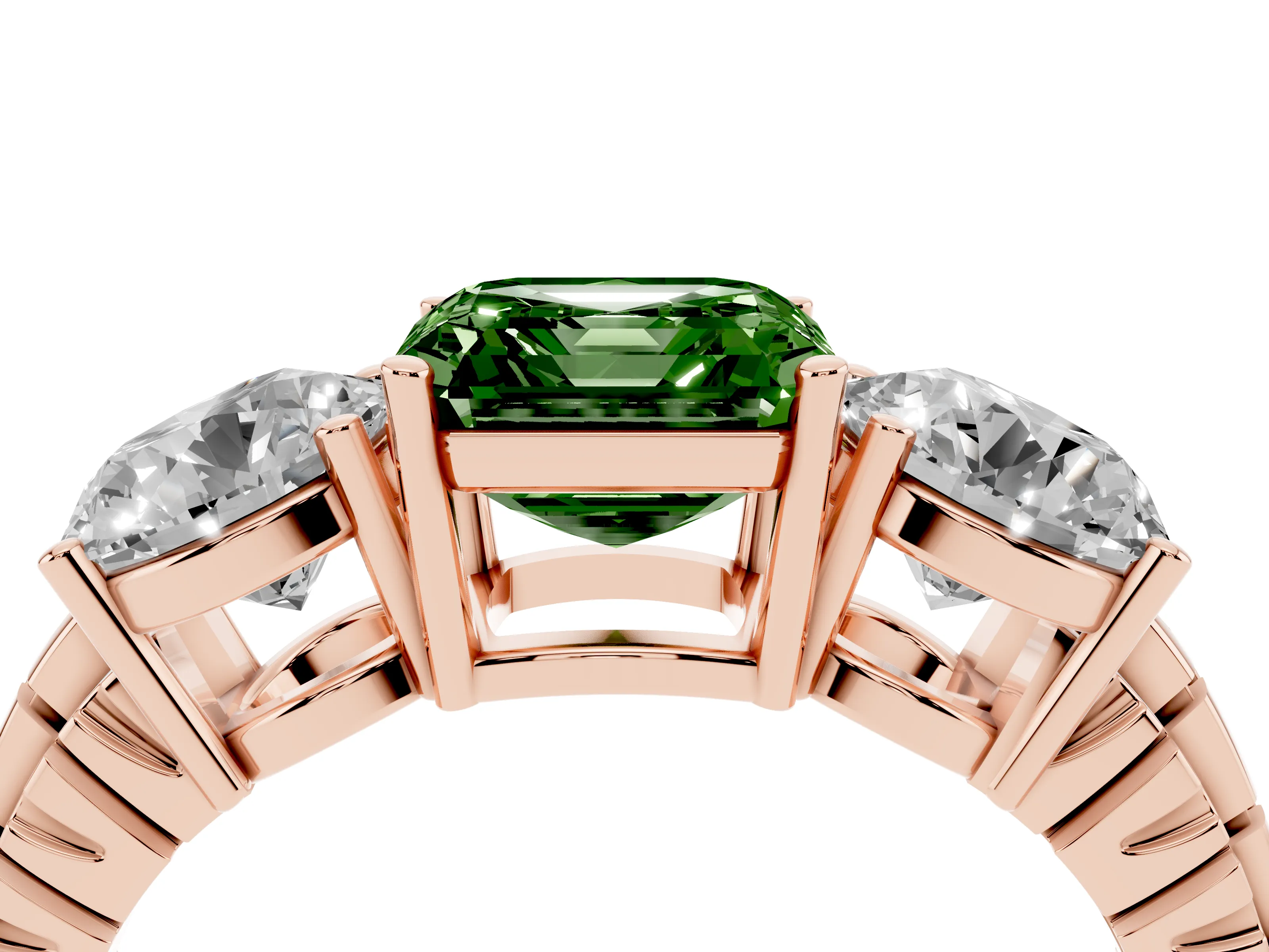 Fancy Green Asscher Cut Diamond Three-Stone Ring Set in Rose gold with Channel-Set Accent Band