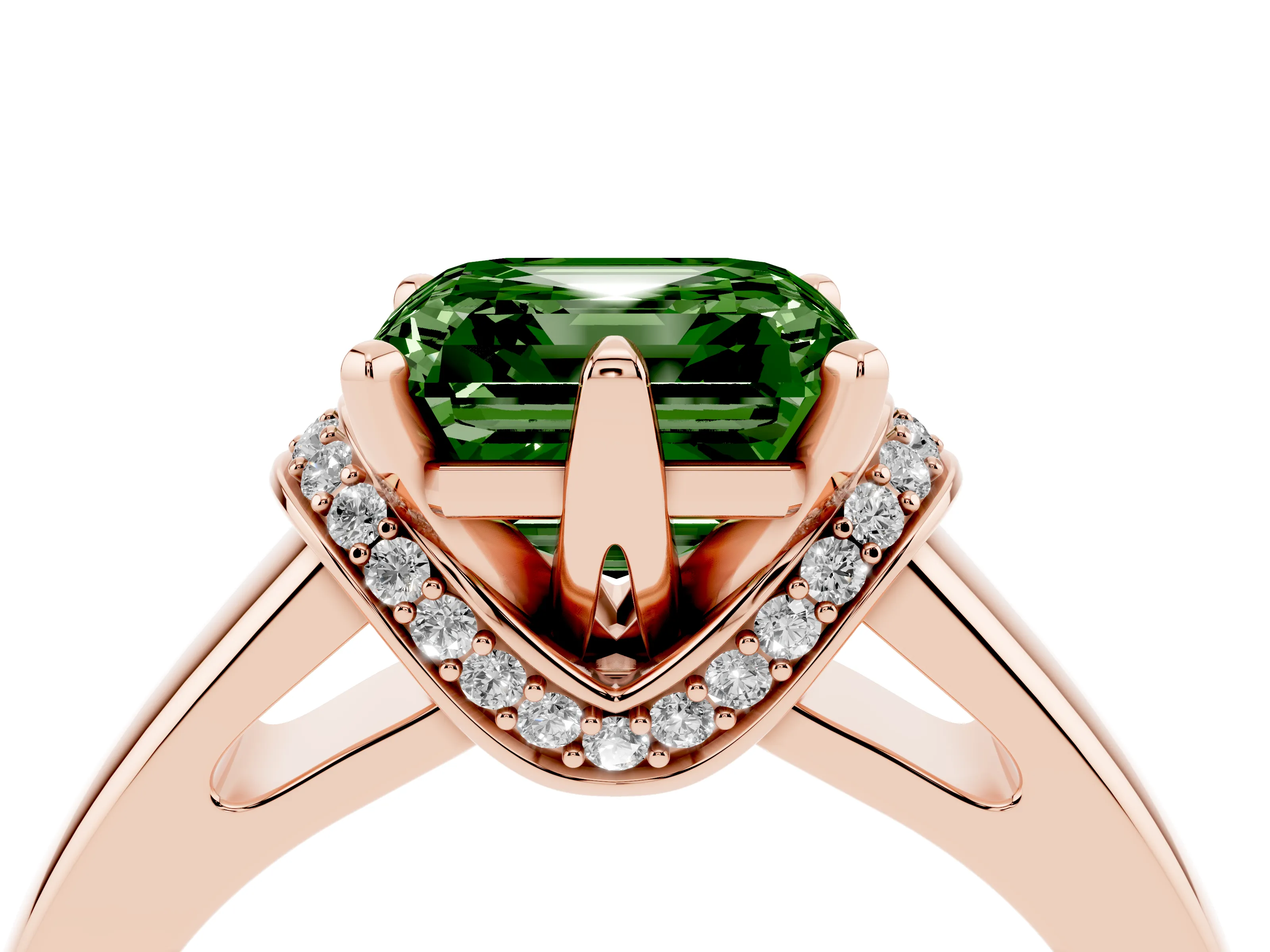 Fancy Green Asscher Cut Diamond Pavé Band Solitaire Ring Set in Rose gold with Prong Setting