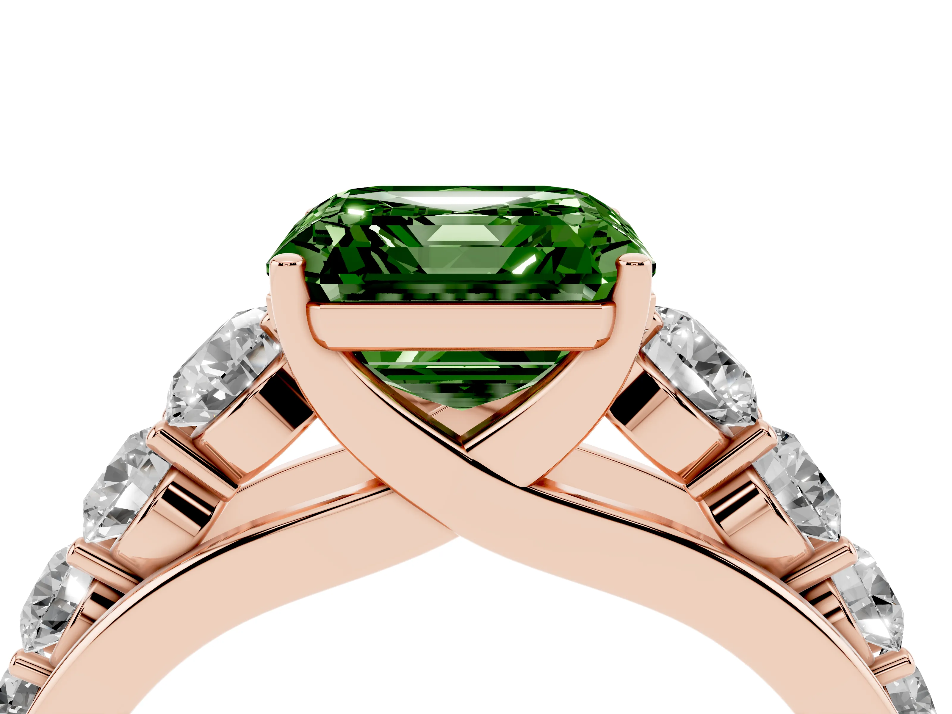 Fancy Green Asscher Cut Diamond Solitaire Ring Set in Rose gold with Pavé-Set Band and Prong Setting
