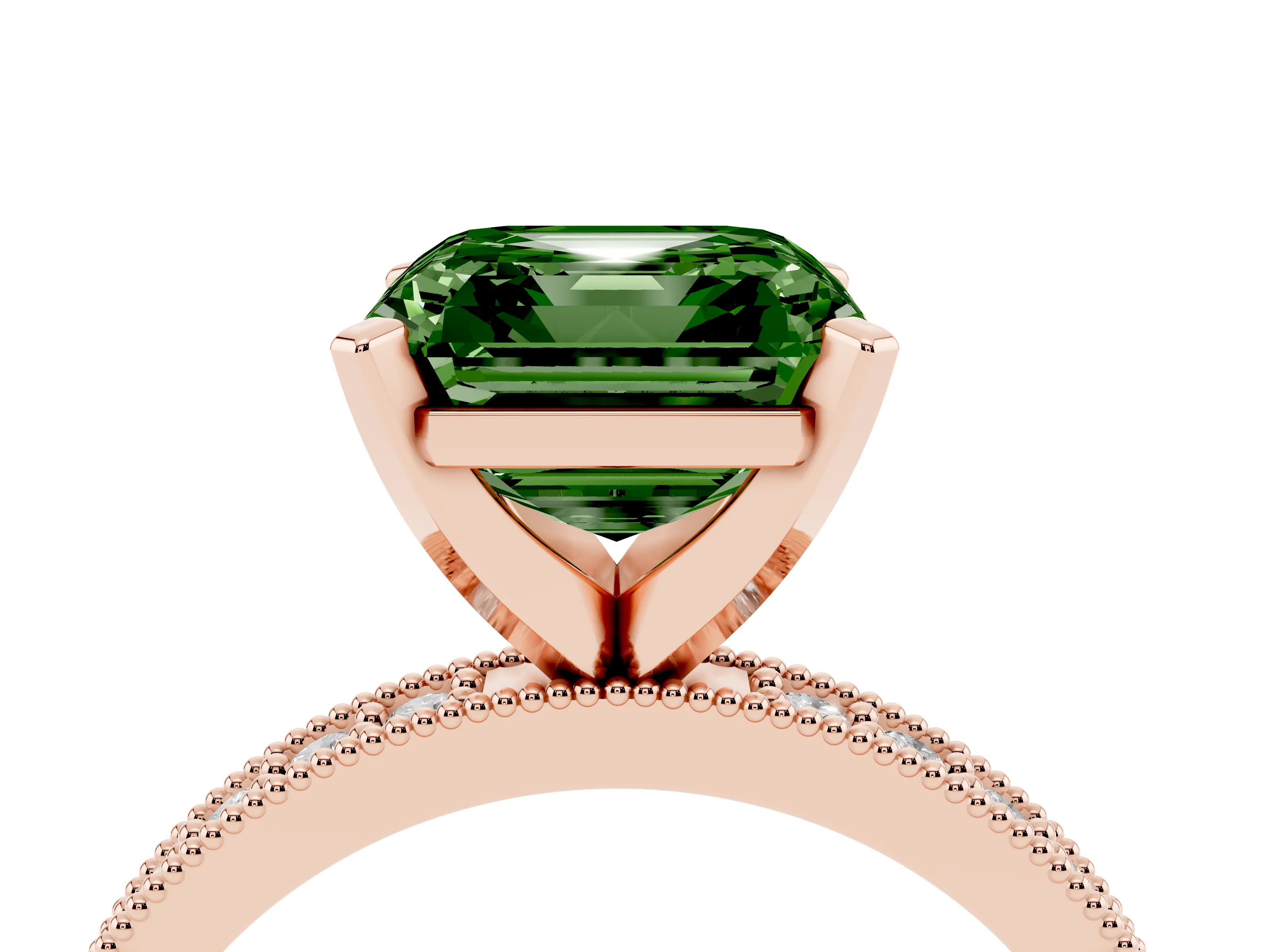 Fancy Green Asscher Cut Diamond Milgrain Pavé Engagement Ring Set in Rose gold with Prong Setting