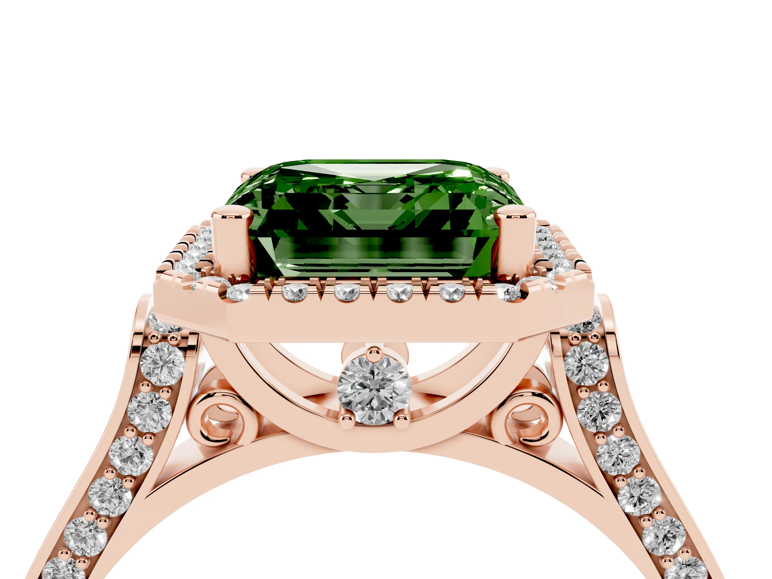 Fancy Green Asscher Cut Diamond Halo Ring Set in Rose gold with Pavé-Lined Split Shank Band
