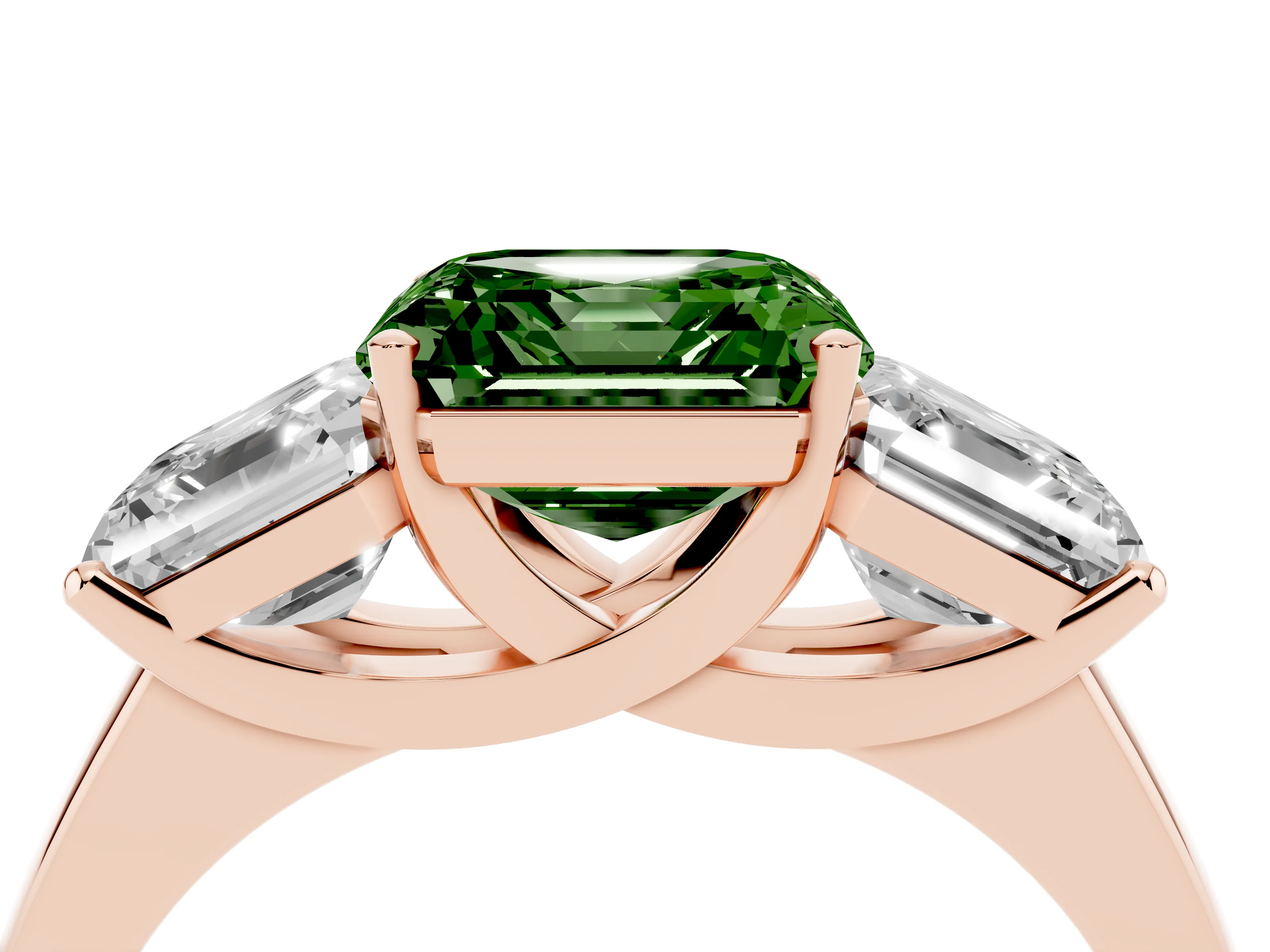 Fancy Green Asscher Cut Diamond Three-Stone Ring Set in Rose gold with Classic Prong Setting and Plain Band