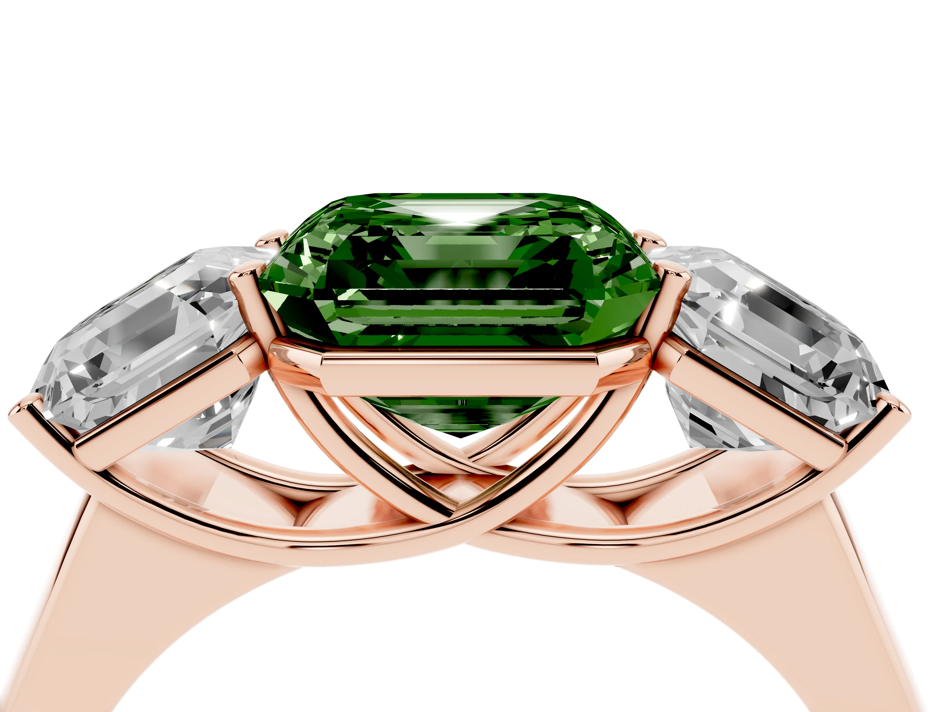 Fancy Green Asscher Cut Diamond Three-Stone Ring Set in Rose gold with Plain Polished Band