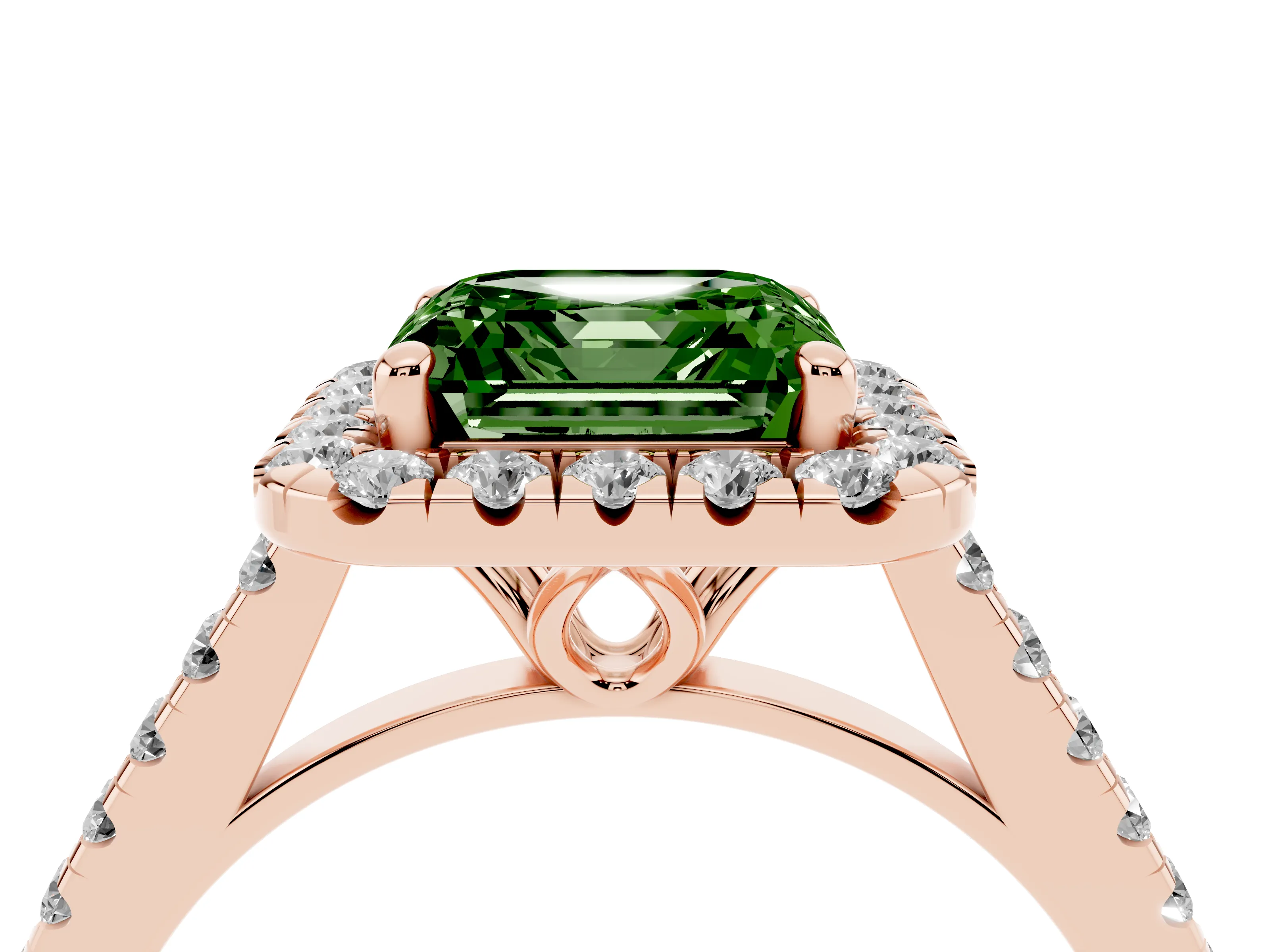 Fancy Green Asscher Cut Diamond Pavé Halo Engagement Ring Set in Rose gold with Pavé Band and Prong Setting