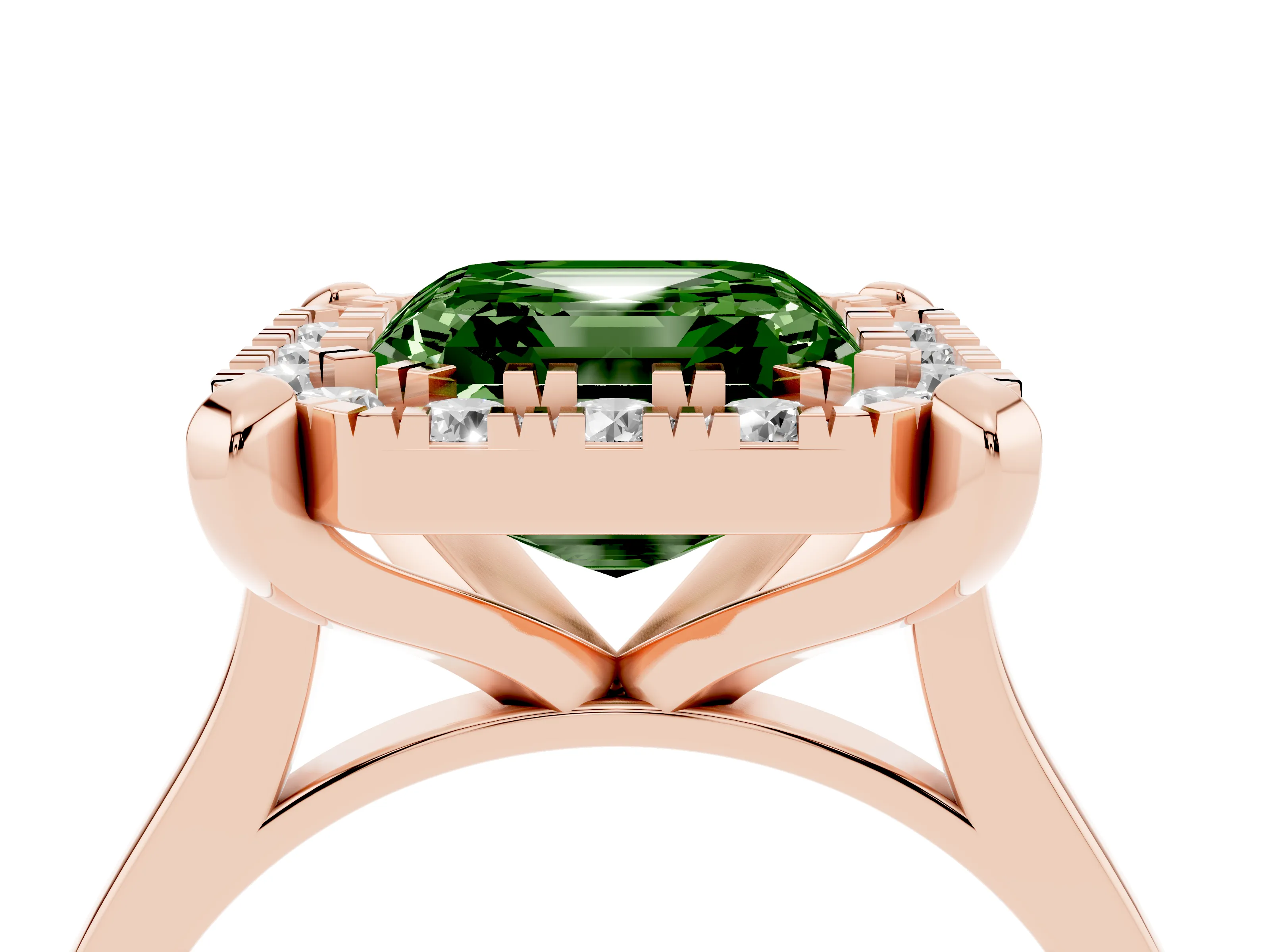 Fancy Green Asscher Cut Diamond Cluster Halo Solitaire Ring Set in Rose gold with Prong Setting