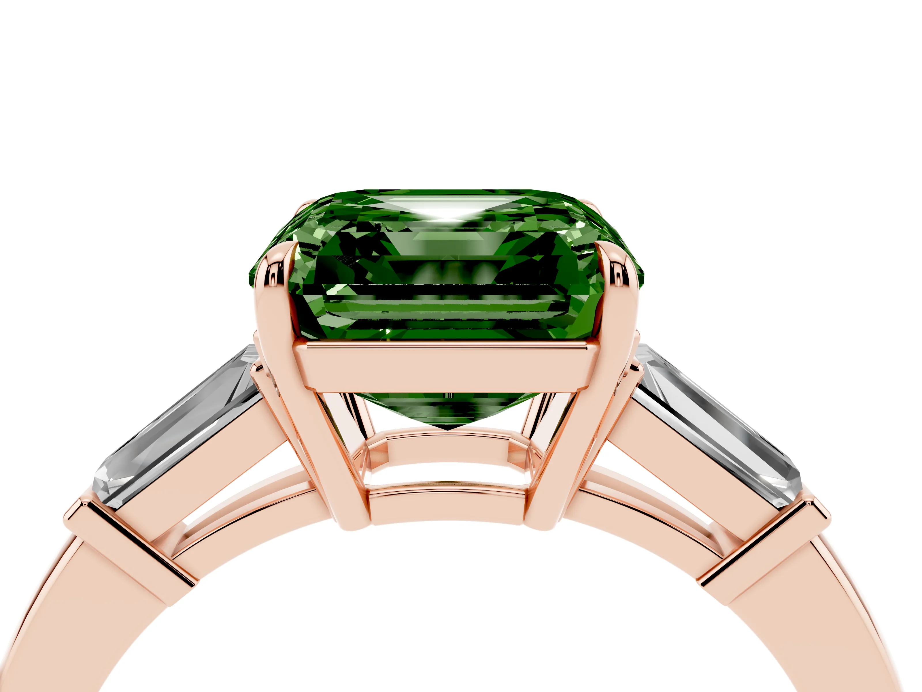 Fancy Green Asscher Cut Diamond Three-Stone Ring Set in Rose gold with Tapered Baguette Side Stones and Prong Setting