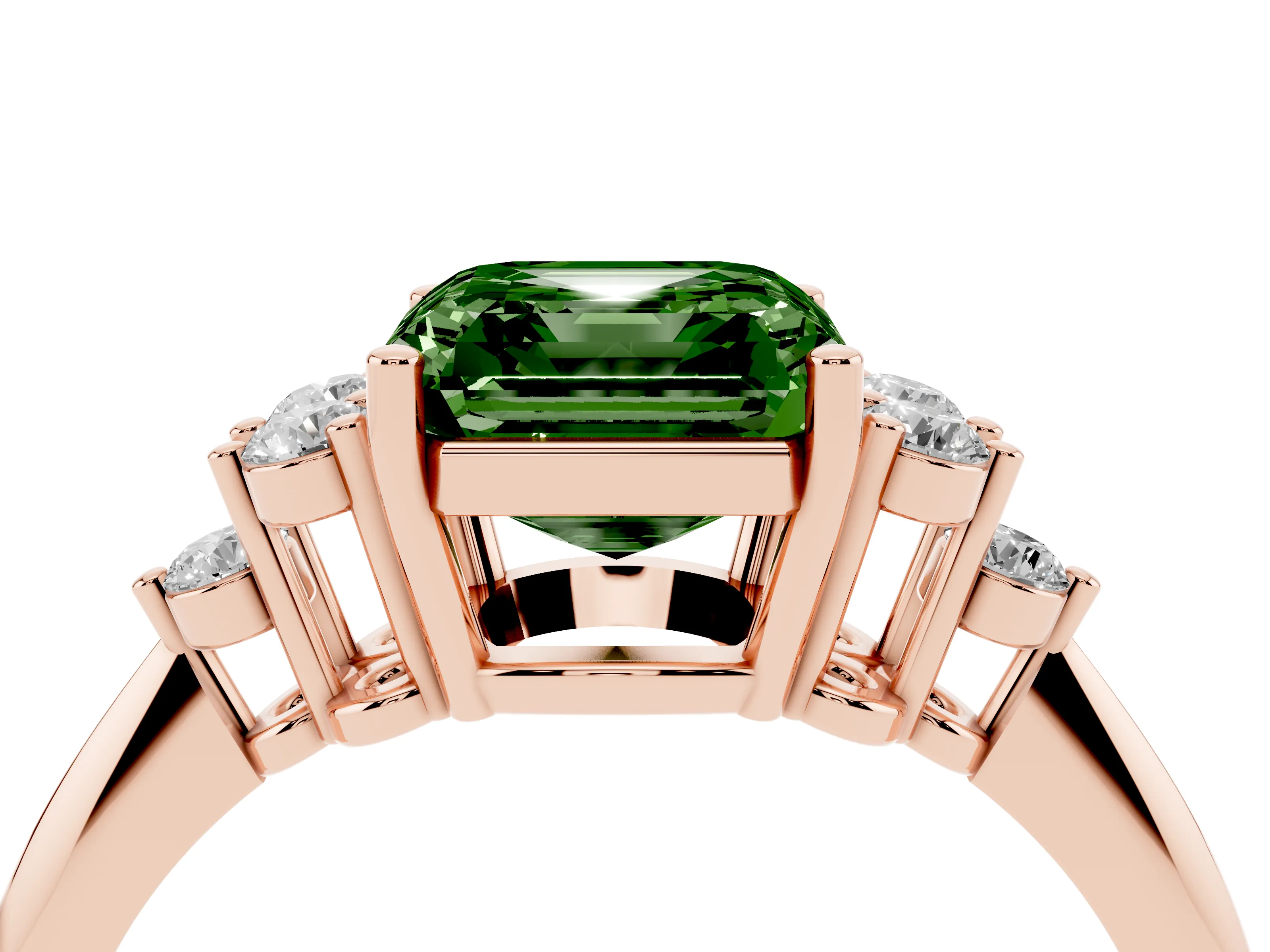Fancy Green Asscher Cut Diamond Cluster Ring Set in Rose gold with Plain Band and Prong Setting