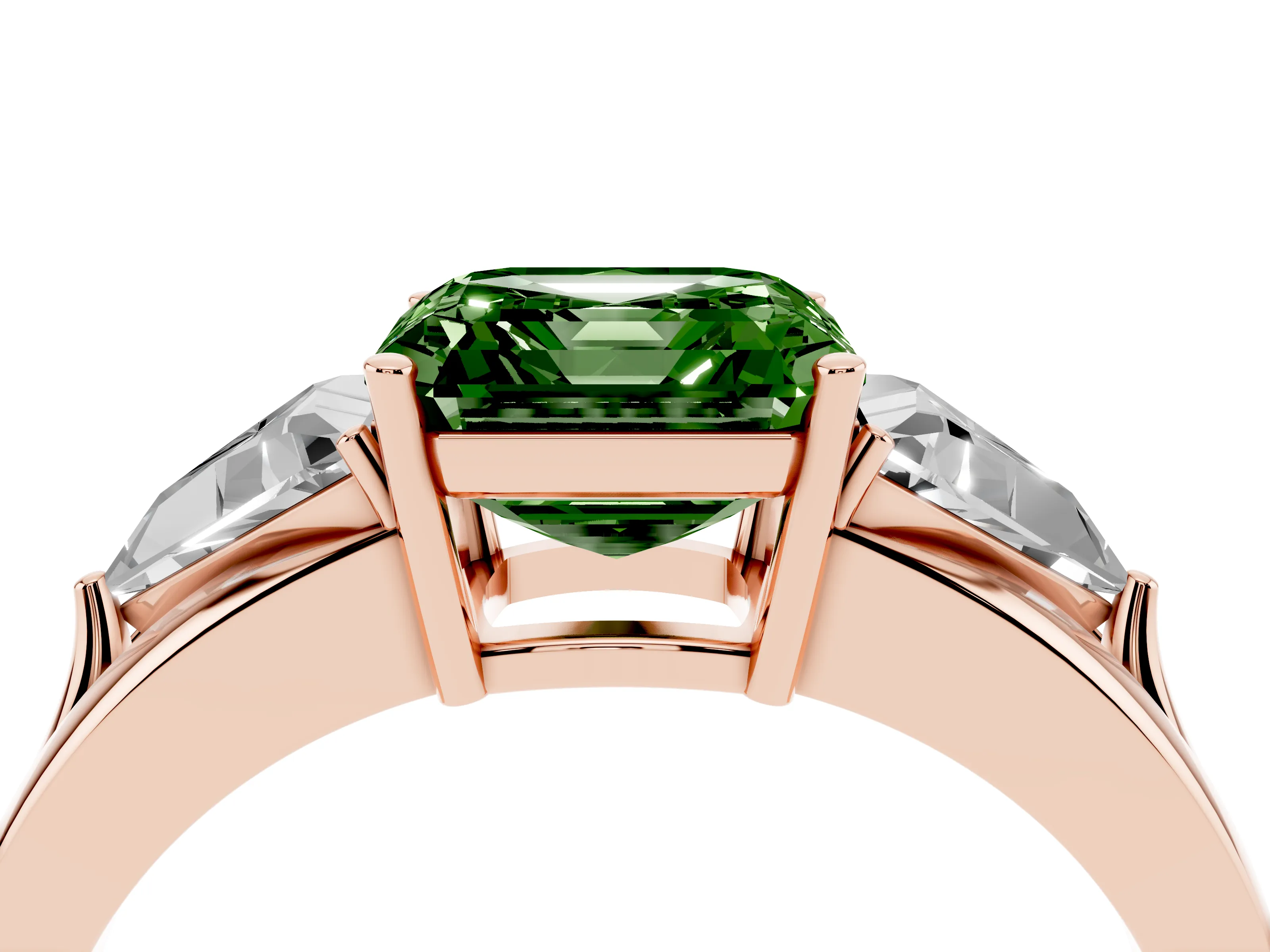 Fancy Green Asscher Cut Diamond Three-Stone Ring Set in Rose gold with Trillion Side Stones and Split Shank