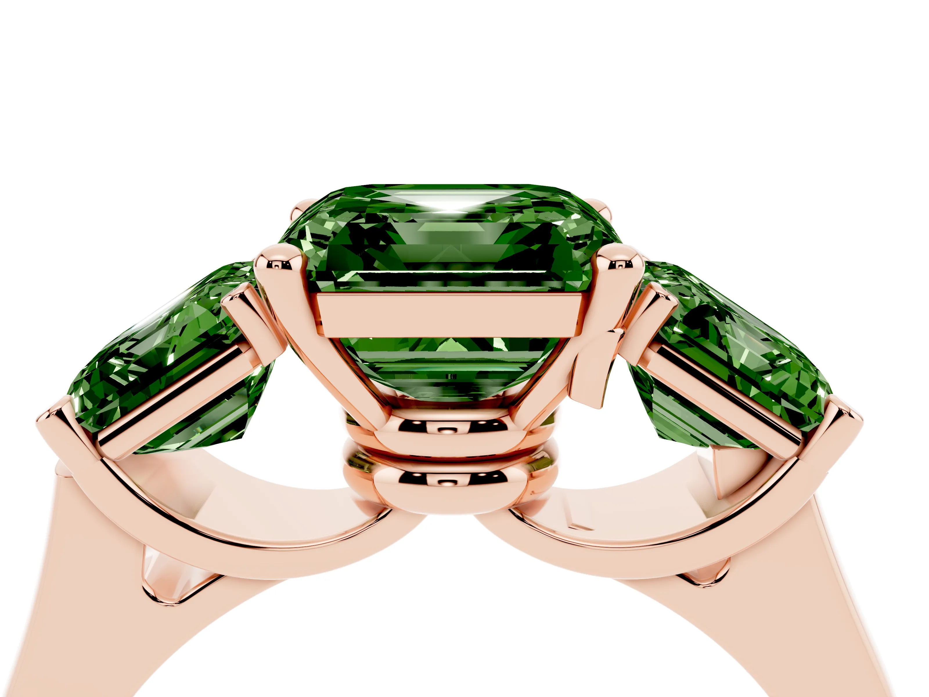 Fancy Green Asscher Cut Diamond Three-Stone Trellis Ring Set in Rose gold with Comfort Fit Band