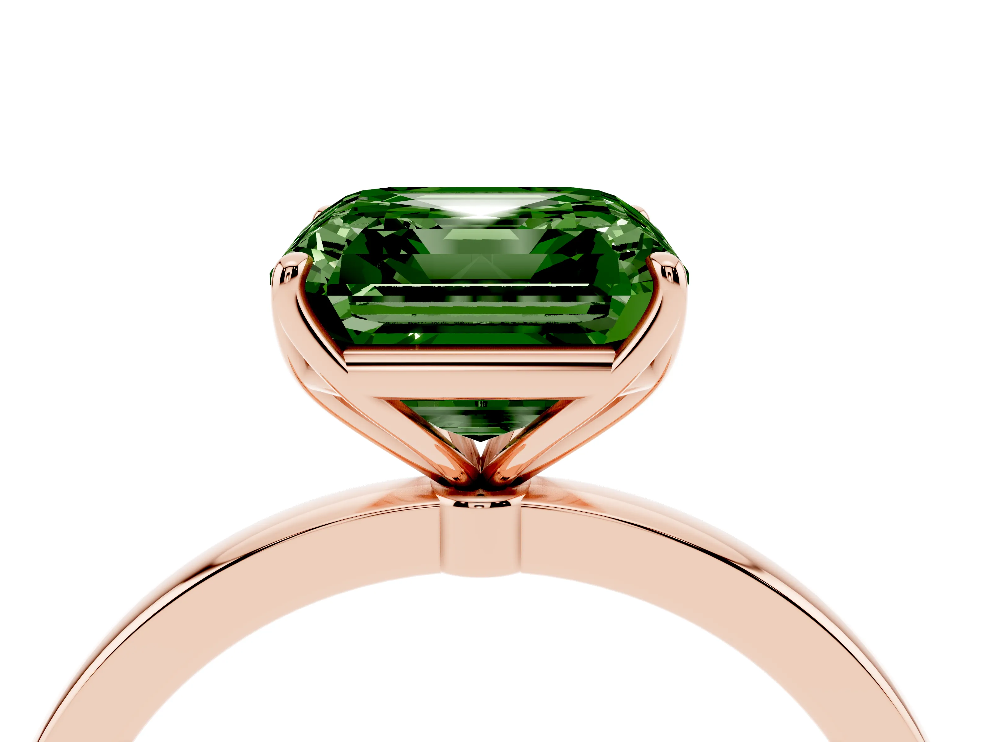 Fancy Green Asscher Cut Diamond Solitaire Ring Set in Rose gold with Prong Setting and Thin Polished Band