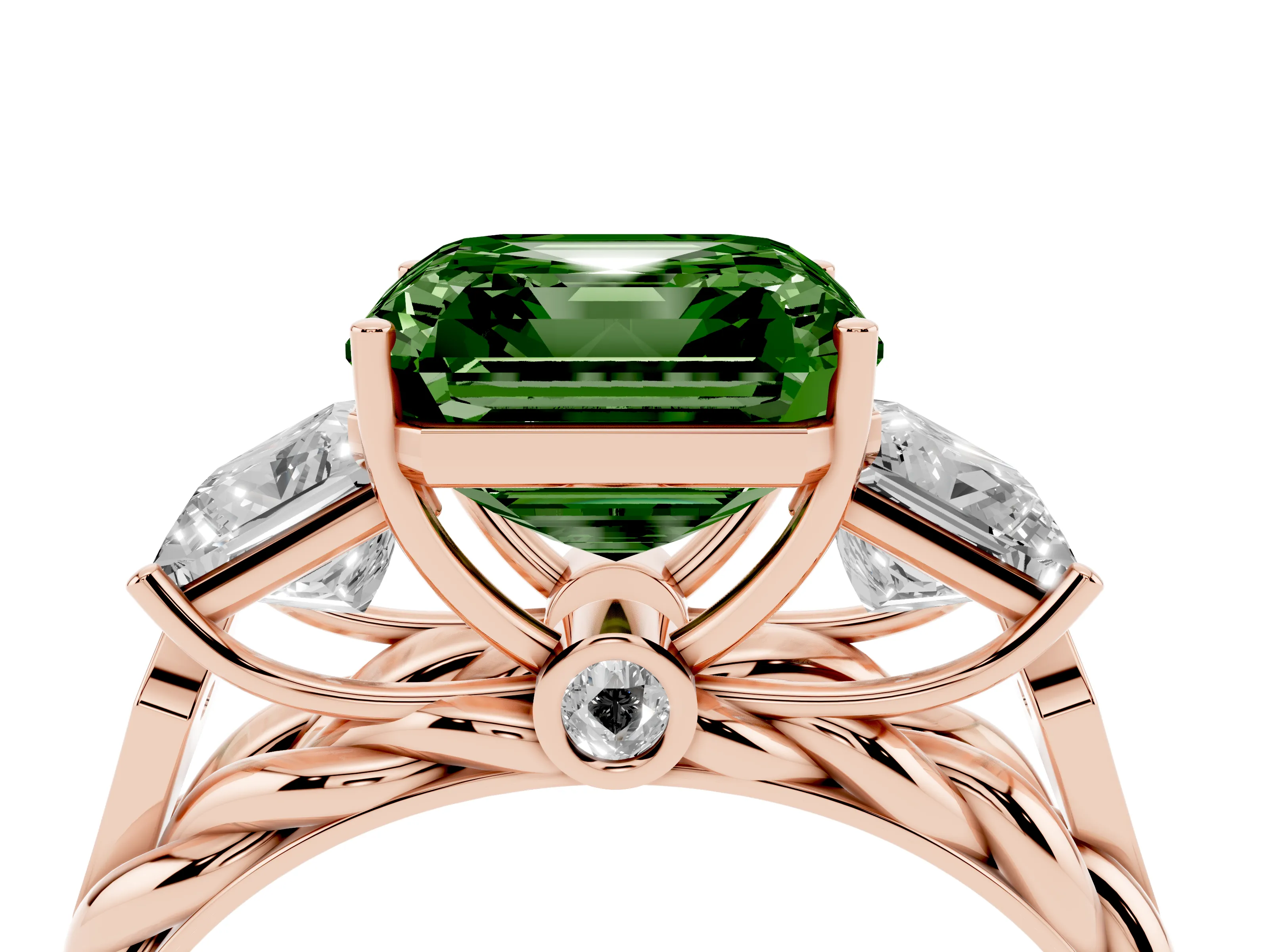 Fancy Green Asscher Cut Diamond Three-Stone Ring Set in Rose gold with Braided Band