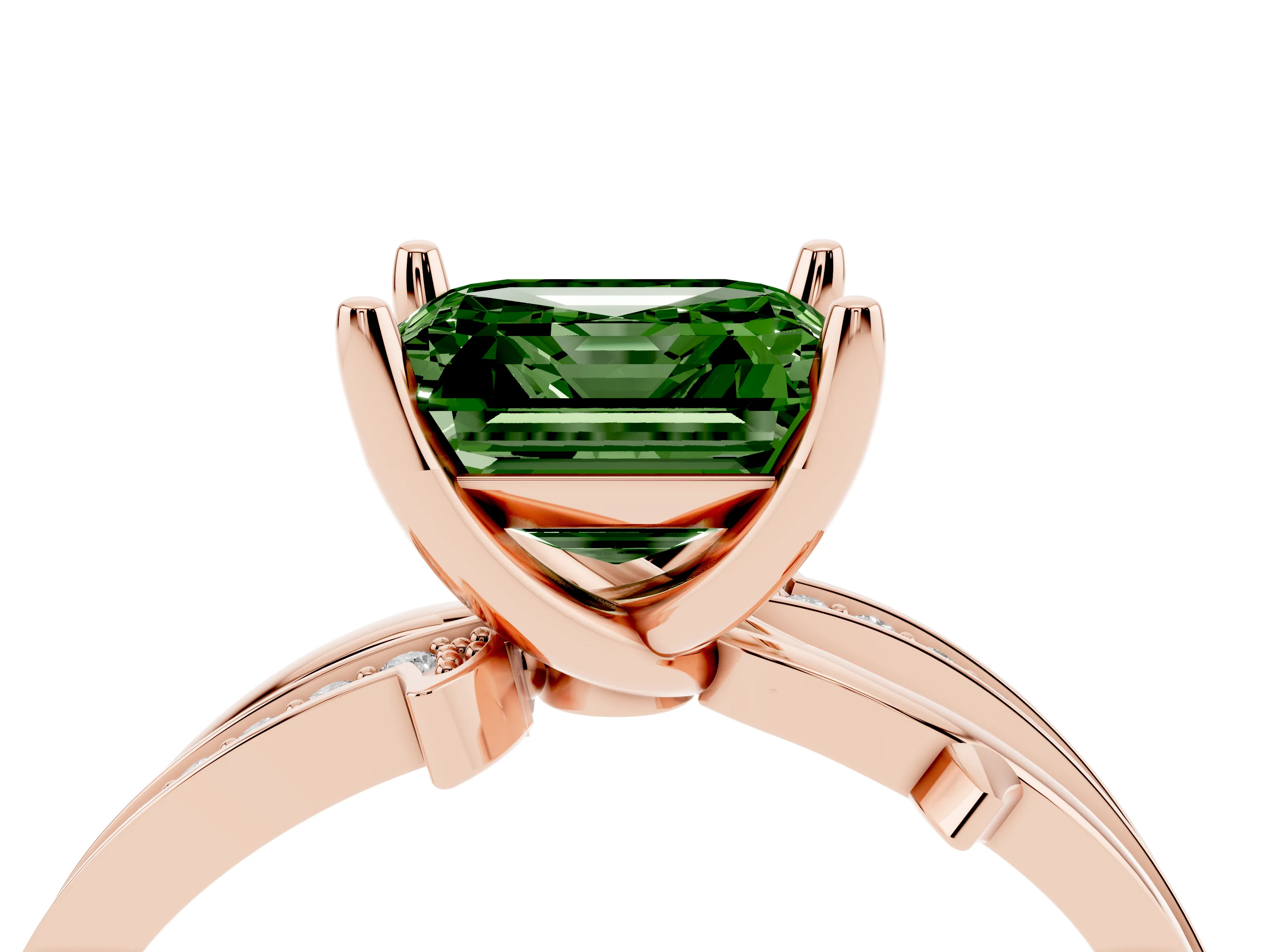 Fancy Green Asscher Cut Diamond Pavé Twist Band Solitaire Ring Set in Rose gold with Prong Setting