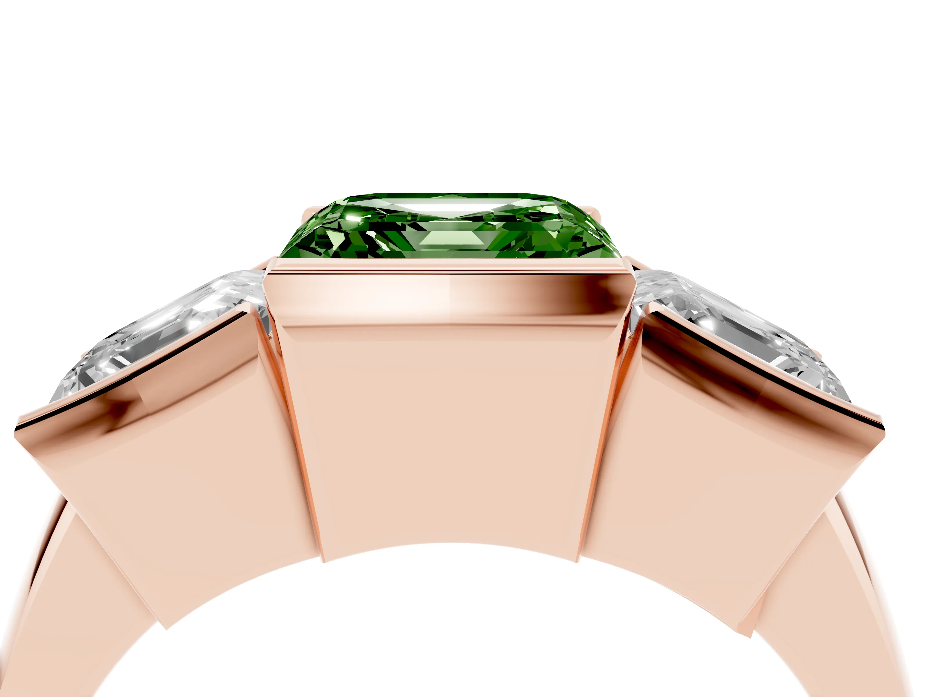 Fancy Green Asscher Cut Diamond Three-Stone Channel Set Ring Set in Rose gold with Smooth Polished Band