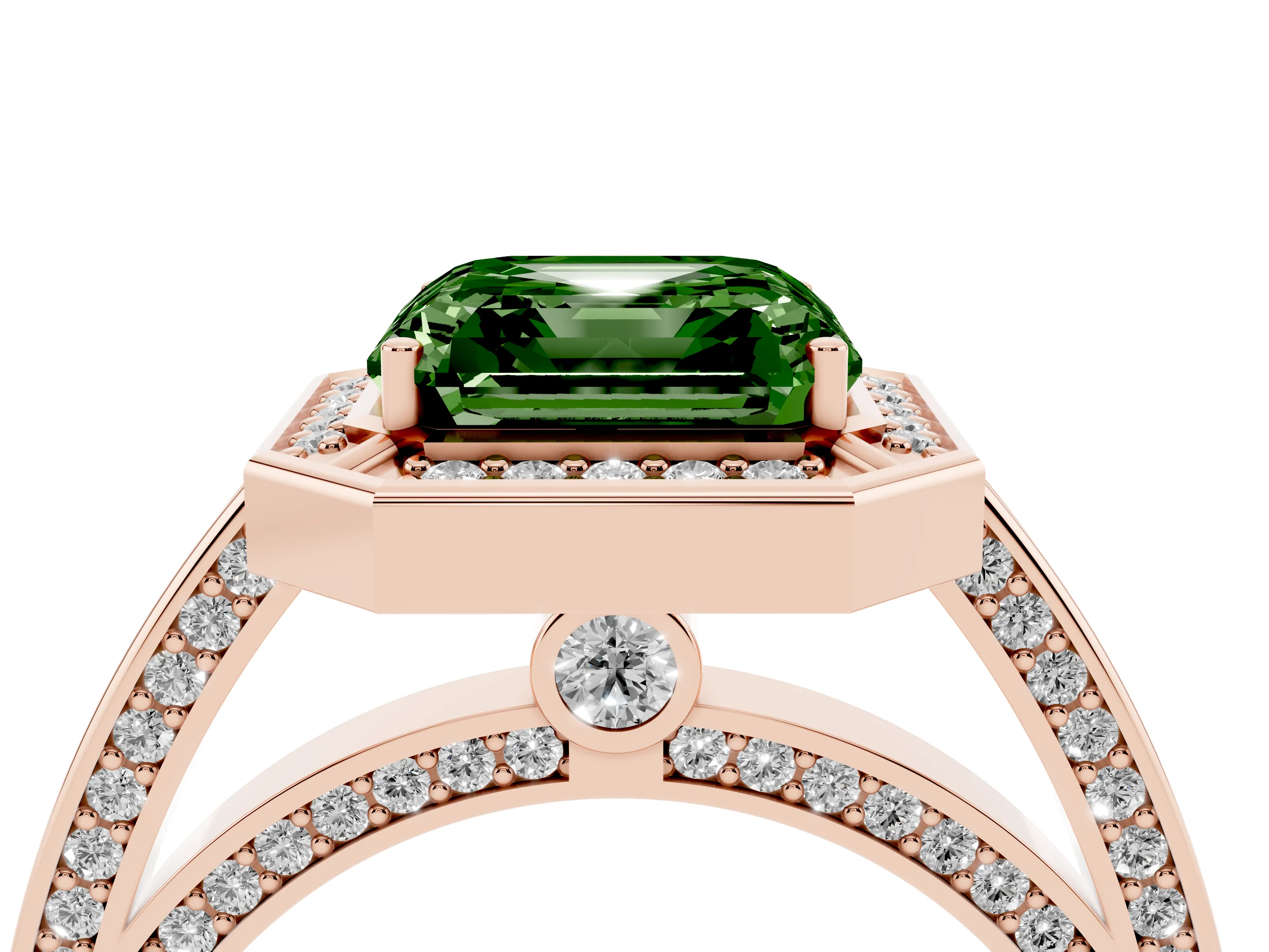 Fancy Green Asscher Cut Diamond Halo Pavé Split Shank Ring Set in Rose gold with Prong Setting