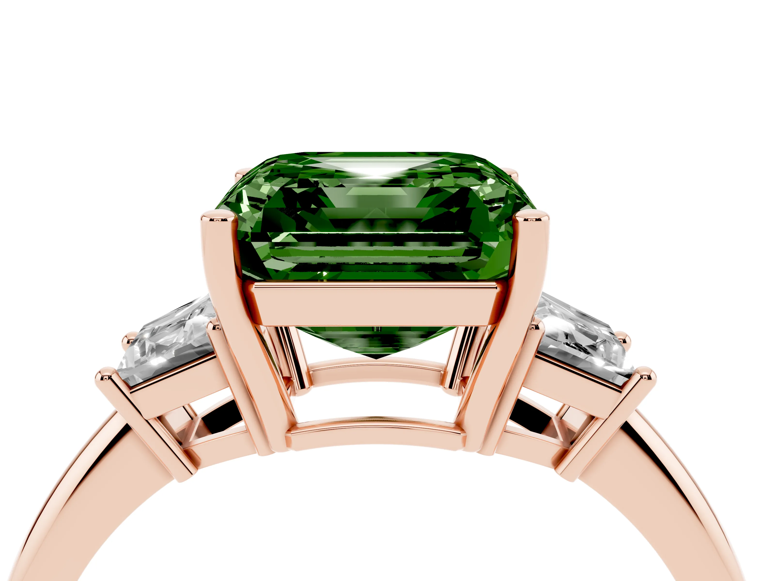 Fancy Green Asscher Cut Diamond Three-Stone Ring Set in Rose gold with Trapezoid Side Stones and Prong Setting