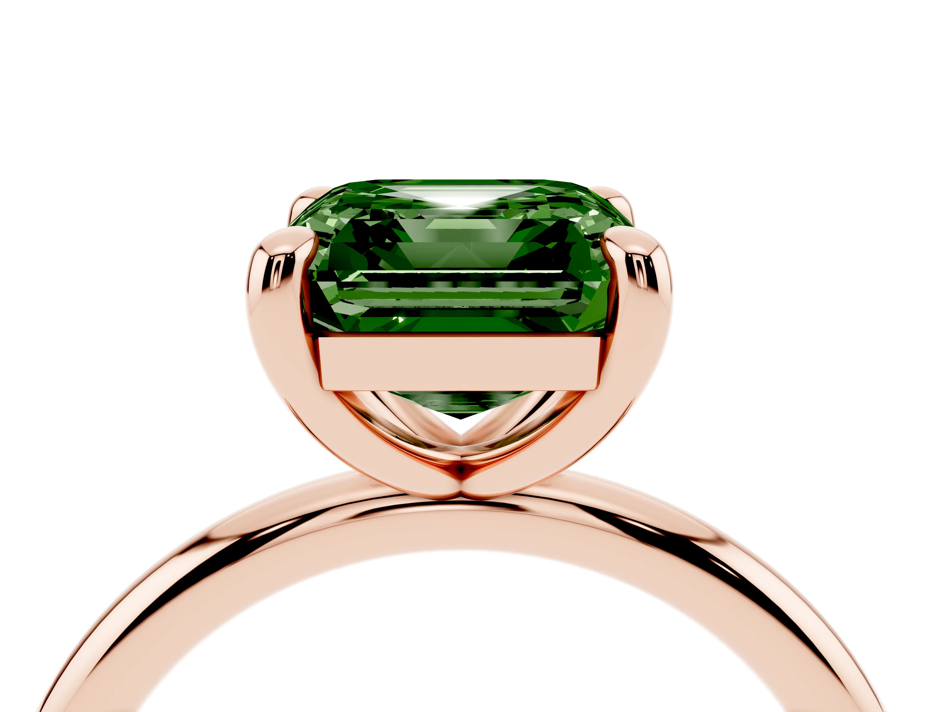 Fancy Green Asscher Cut Diamond Solitaire Ring Set in Rose gold with Prong Setting on a Polished Plain Band
