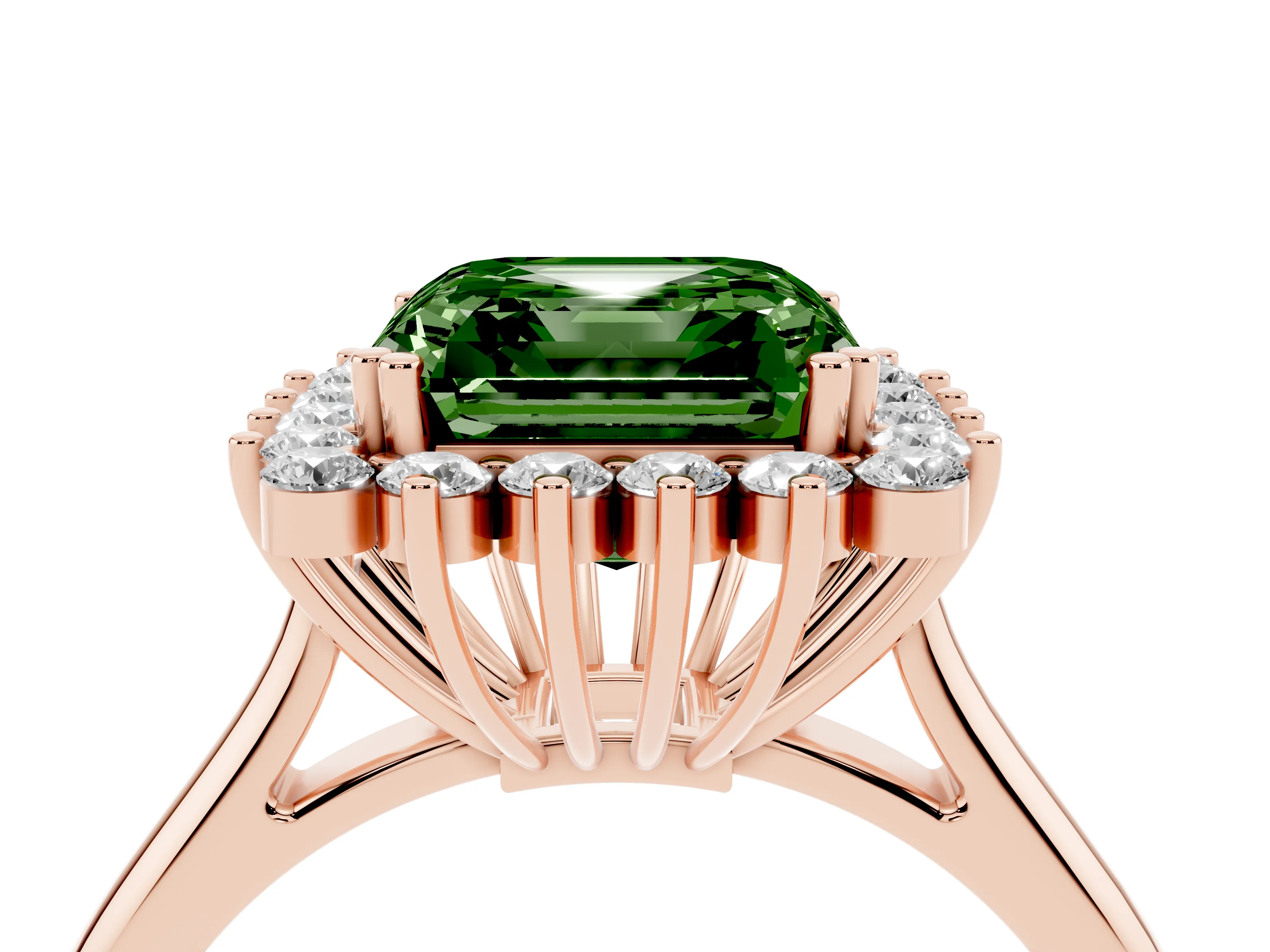 Fancy Green Asscher Cut Diamond Halo Ring Set in Rose gold with Plain Solitaire Band and Prong Setting