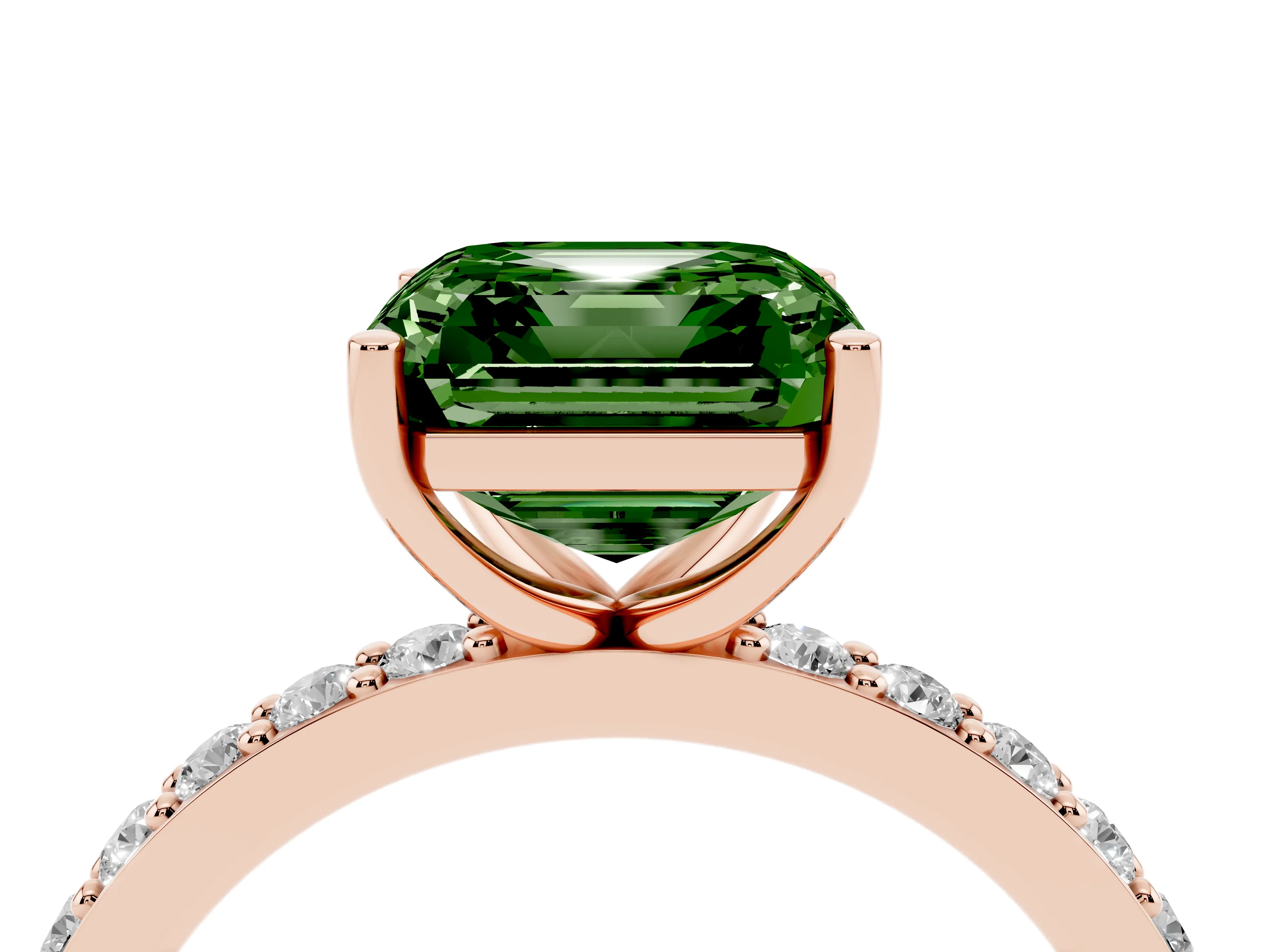 Fancy Green Asscher Cut Diamond Solitaire Set in Rose gold with Round Pavé Band and Prong Setting
