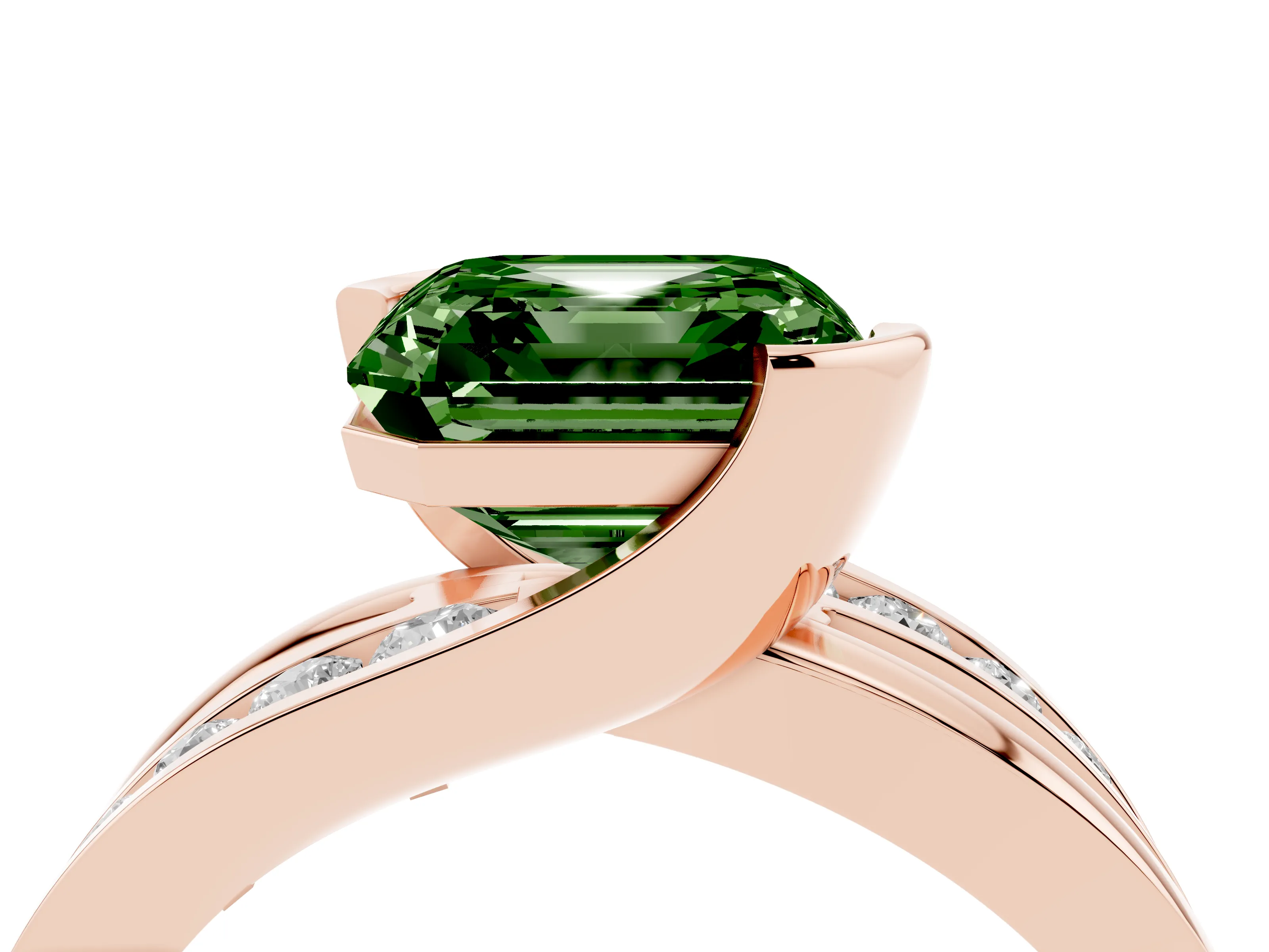 Fancy Green Asscher Cut Diamond Solitaire Ring Set in Rose gold with Channel Set Split Shank and Tension Prongs