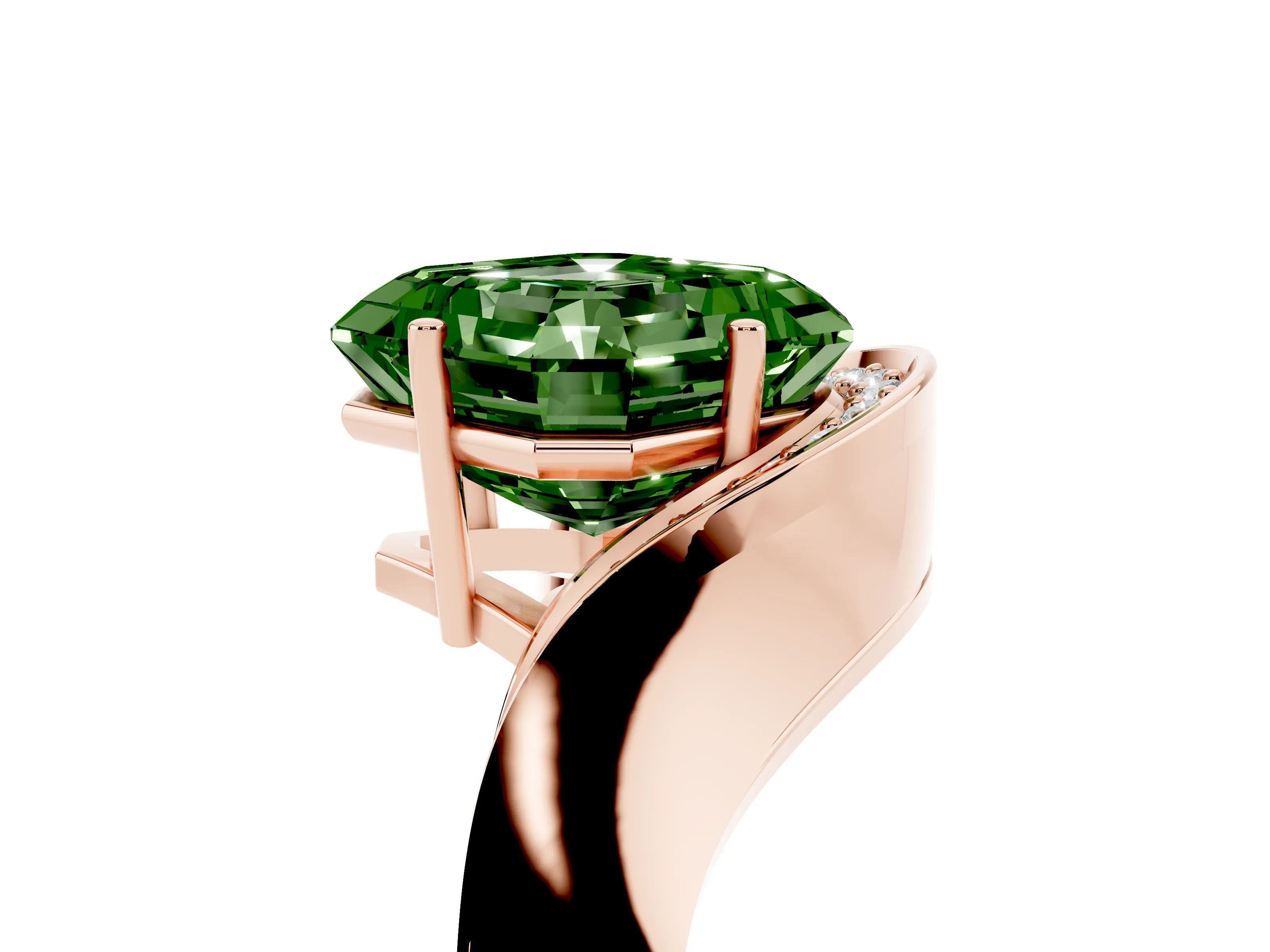 Fancy Green Asscher Cut Diamond Solitaire Engagement Ring Set in Rose gold with Pavé Shoulders