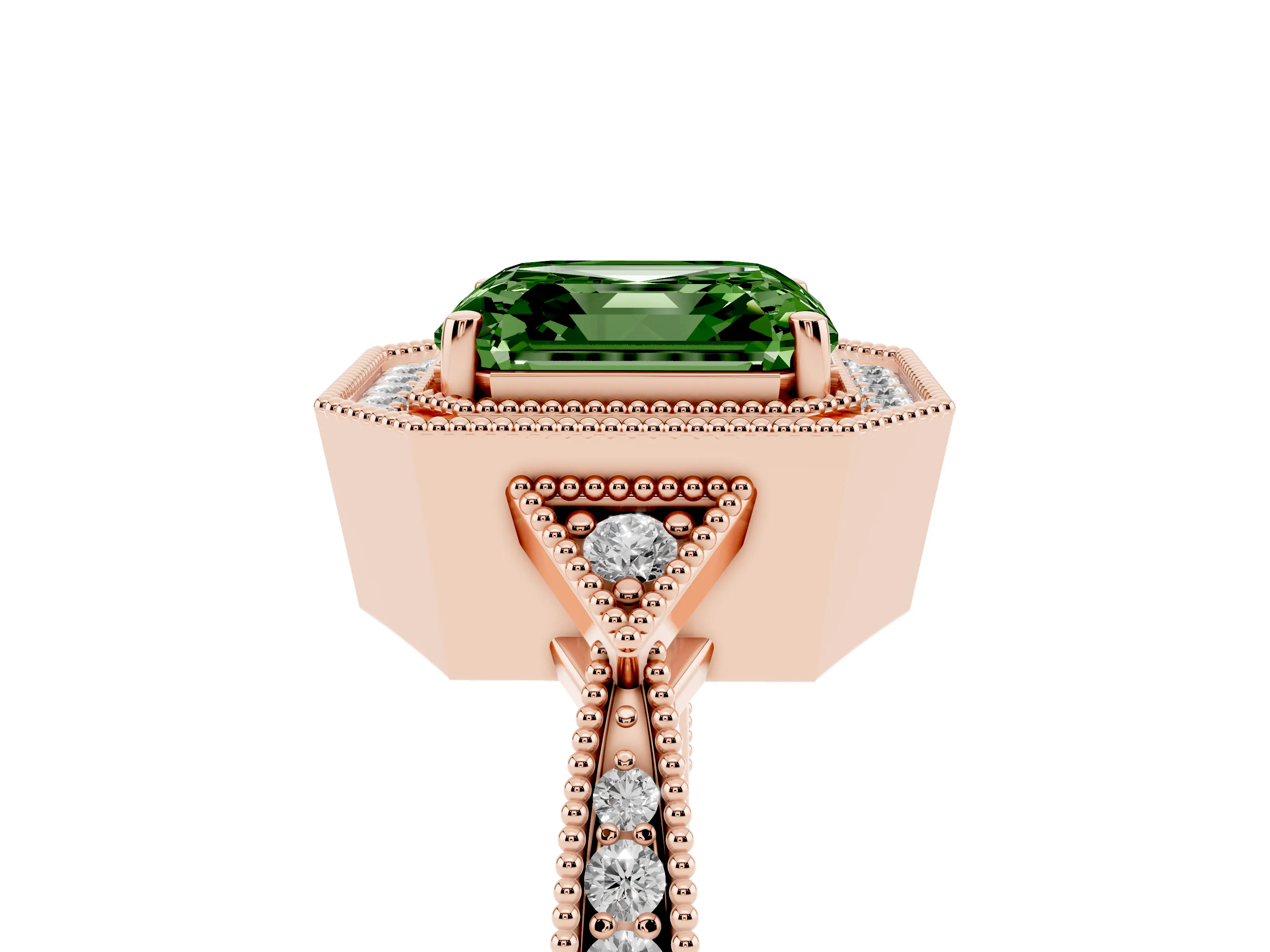Fancy Green Asscher Cut Diamond Halo Engagement Ring Set in Rose gold with Milgrain Pavé Band