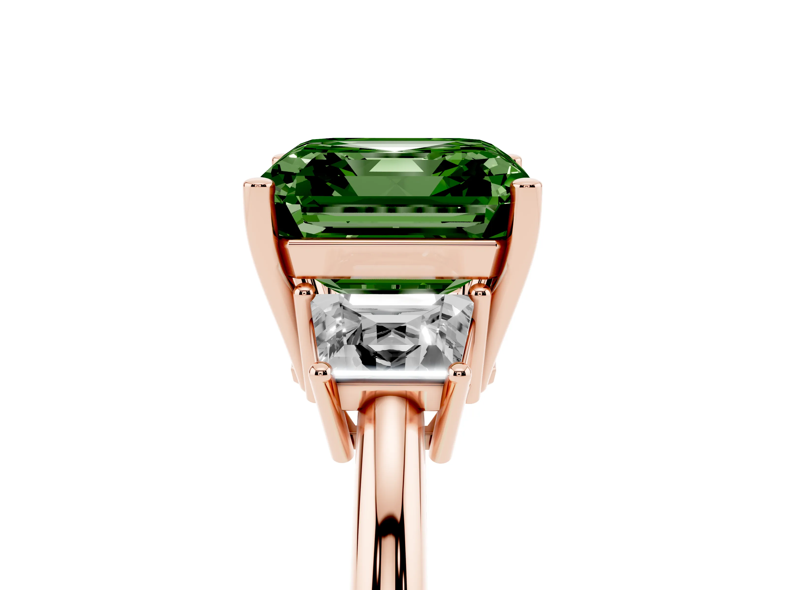 Fancy Green Asscher Cut Diamond Three-Stone Ring Set in Rose gold with Trapezoid Side Stones and Prong Setting