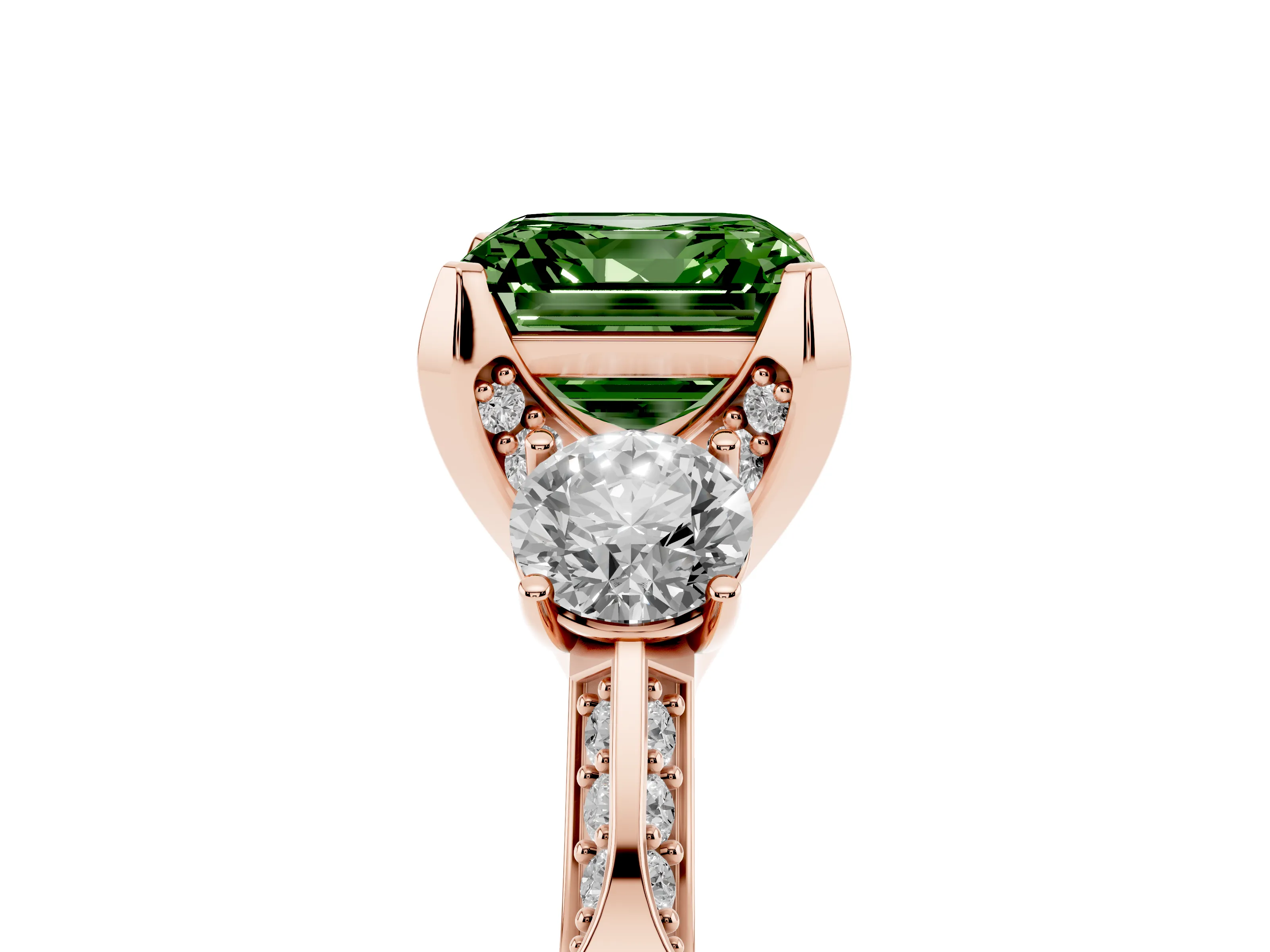 Fancy Green Asscher Cut Diamond Three-Stone Ring Set in Rose gold with Pavé Band and Smaller Side Stones