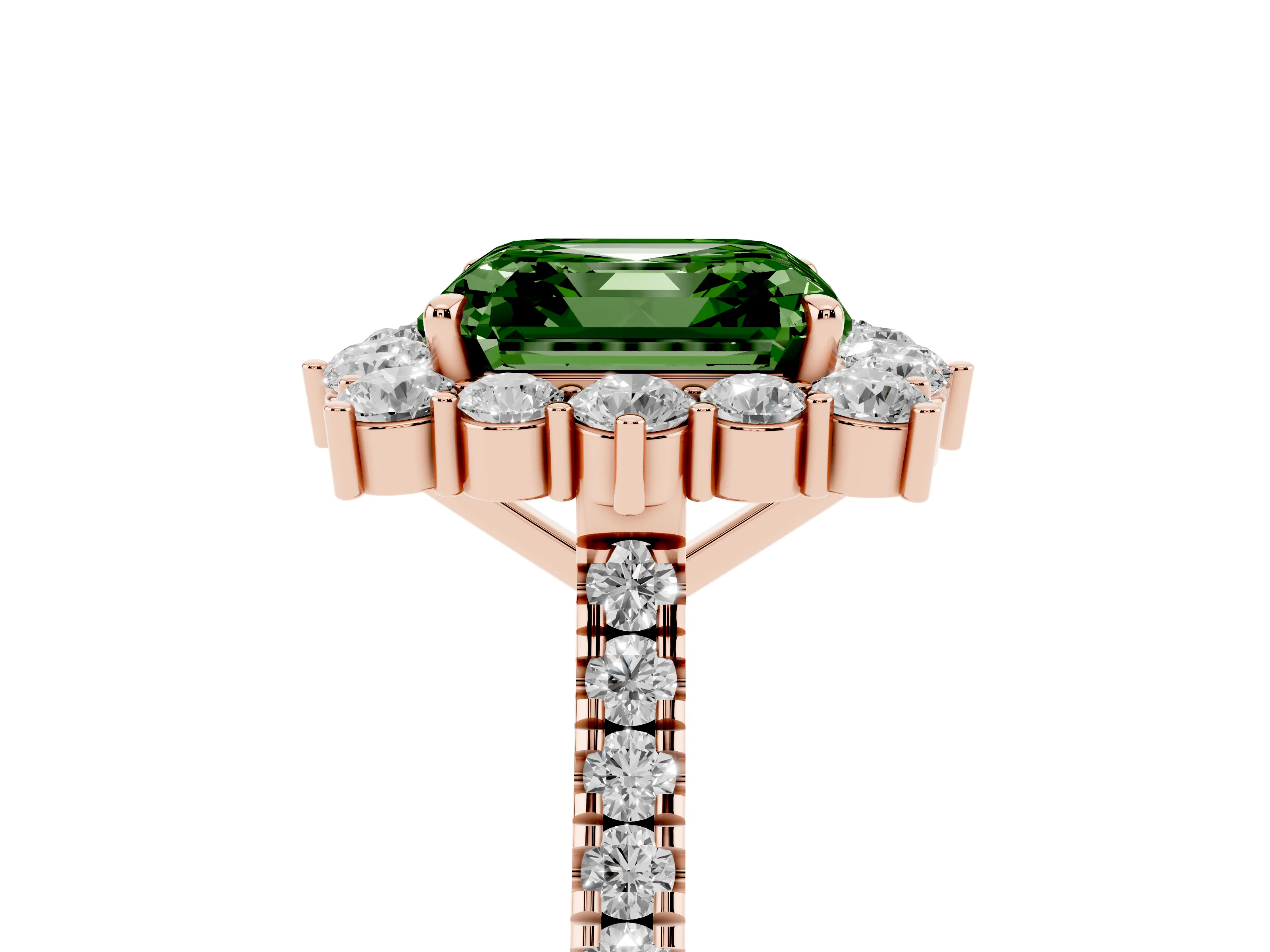 Fancy Green Asscher Cut Diamond Halo Ring Set in Rose gold with Pavé Band and Prong Setting