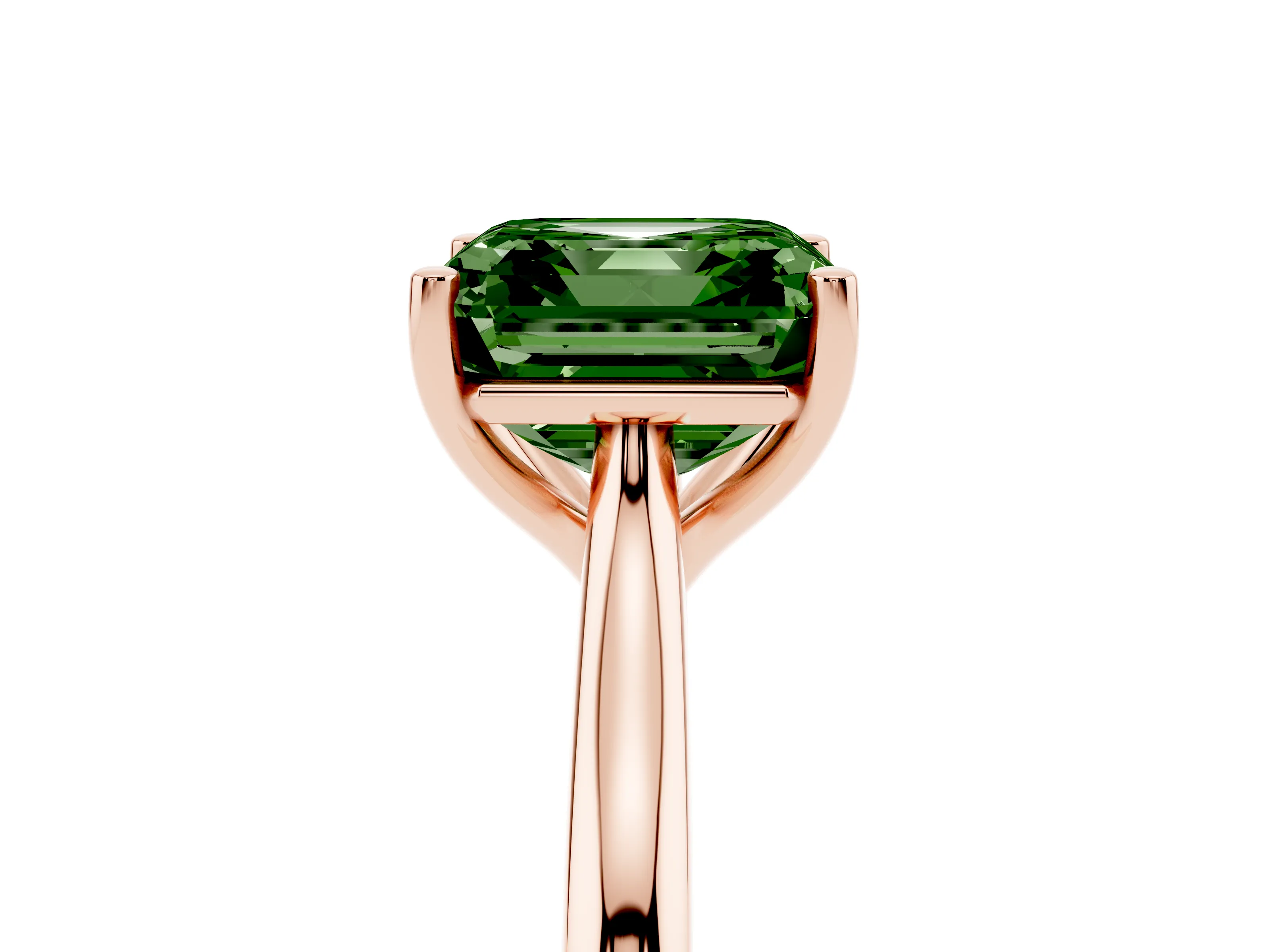 Fancy Green Asscher Cut Diamond Solitaire Ring Set in Rose gold with Cathedral Band and Prong Setting