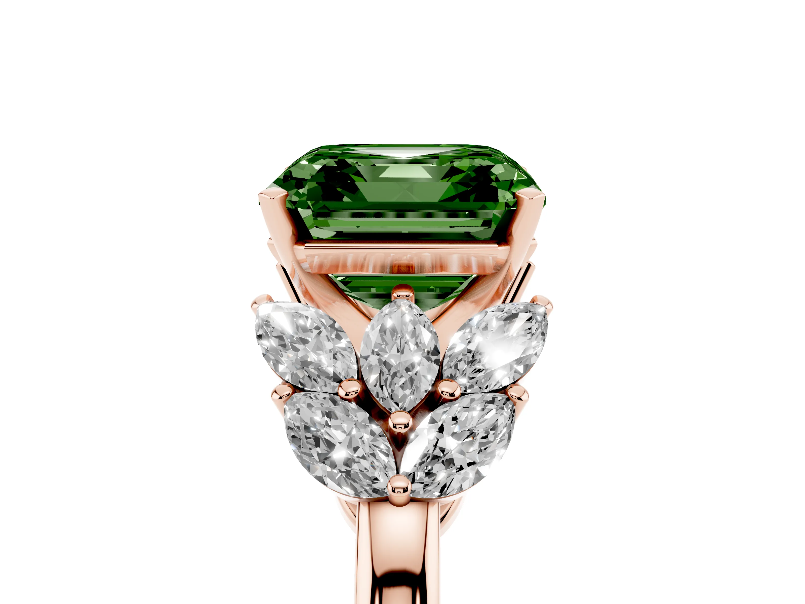 Fancy Green Asscher Cut Diamond Cluster Leaf Design Ring Set in Rose gold with Prong Setting