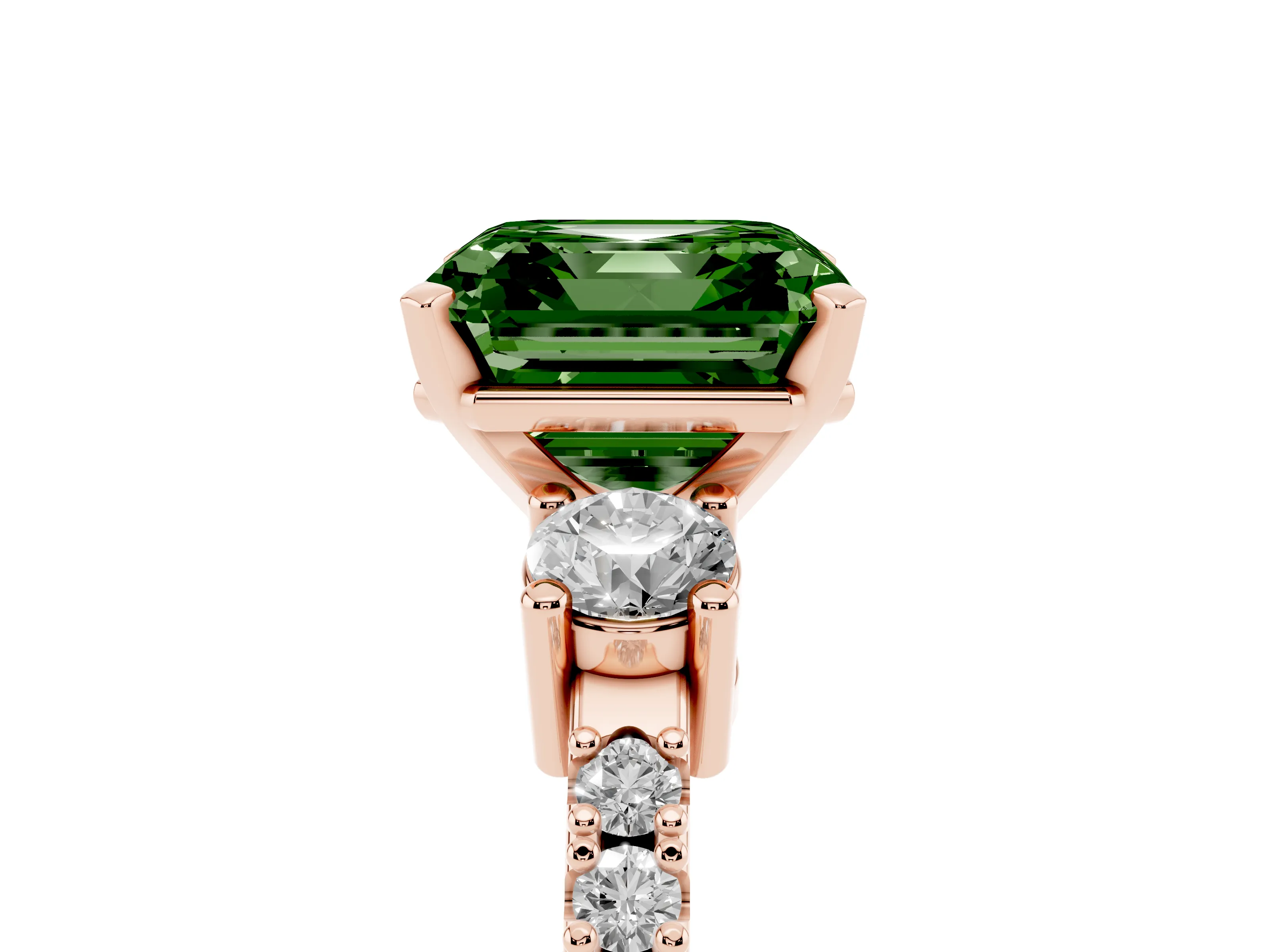 Fancy Green Three-Stone Asscher Cut Diamond Pavé Band Ring Set in Rose gold with Prong Setting