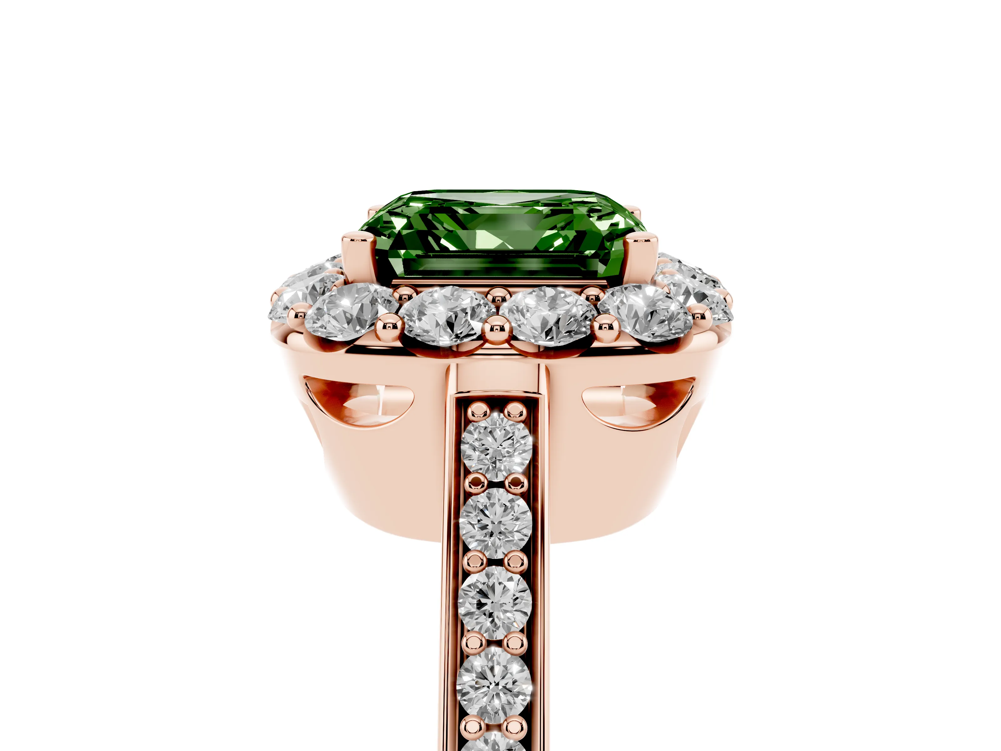 Fancy Green Asscher Cut Diamond Floral Halo Ring Set in Rose gold with Pavé Band and Prong Setting