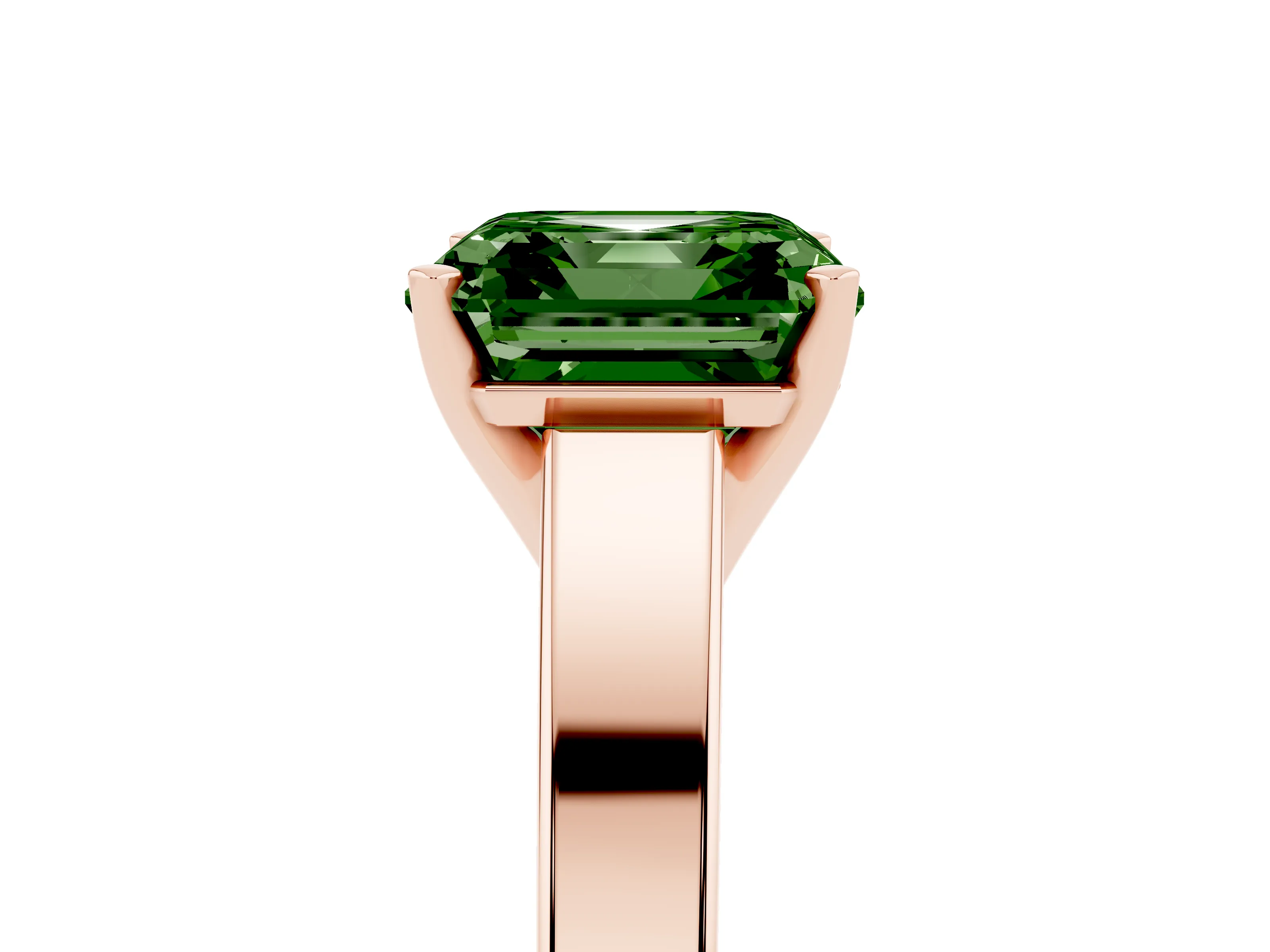 Fancy Green Asscher Cut Diamond Solitaire Engagement Ring Set in Rose gold with Prong Setting and Tapered Band