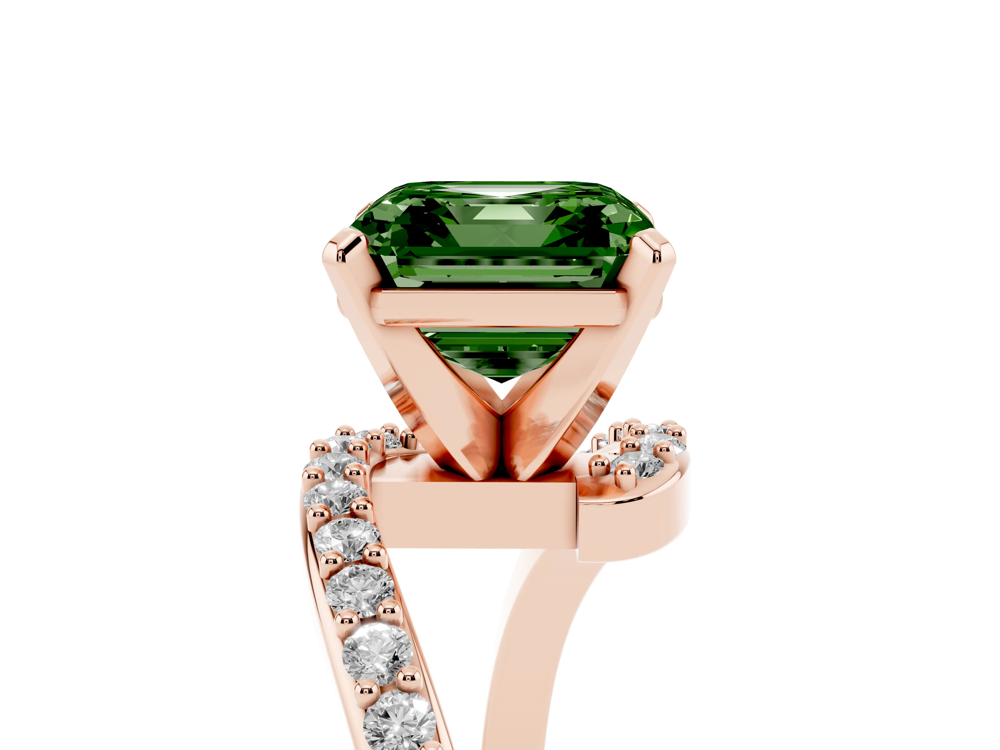 Fancy Green Asscher Cut Diamond Solitaire Ring Set in Rose gold with Pavé Twist Band and Prong Setting