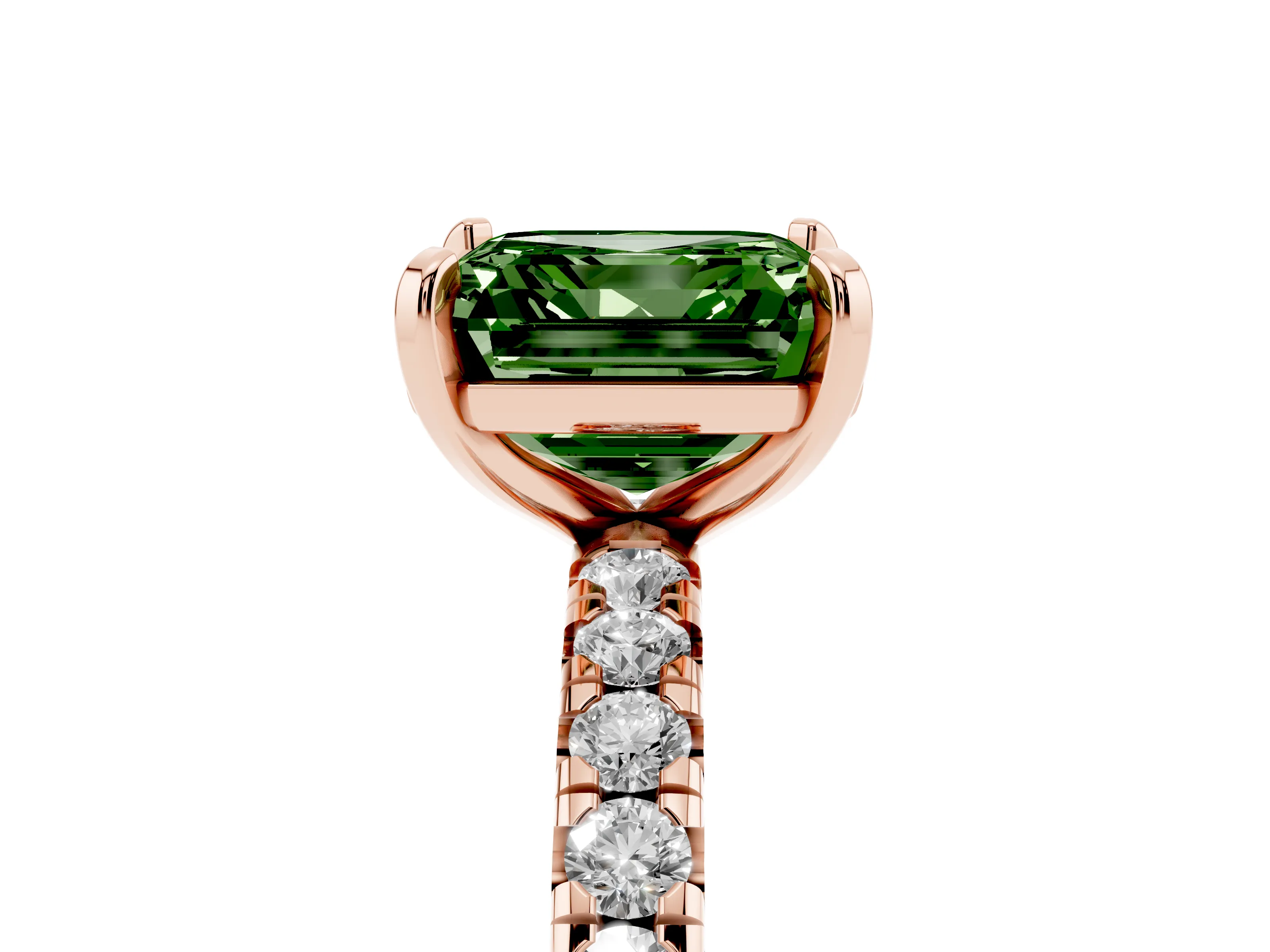 Fancy Green Asscher Cut Diamond Pavé Solitaire Ring Set in Rose gold with Round Band and Prong Setting