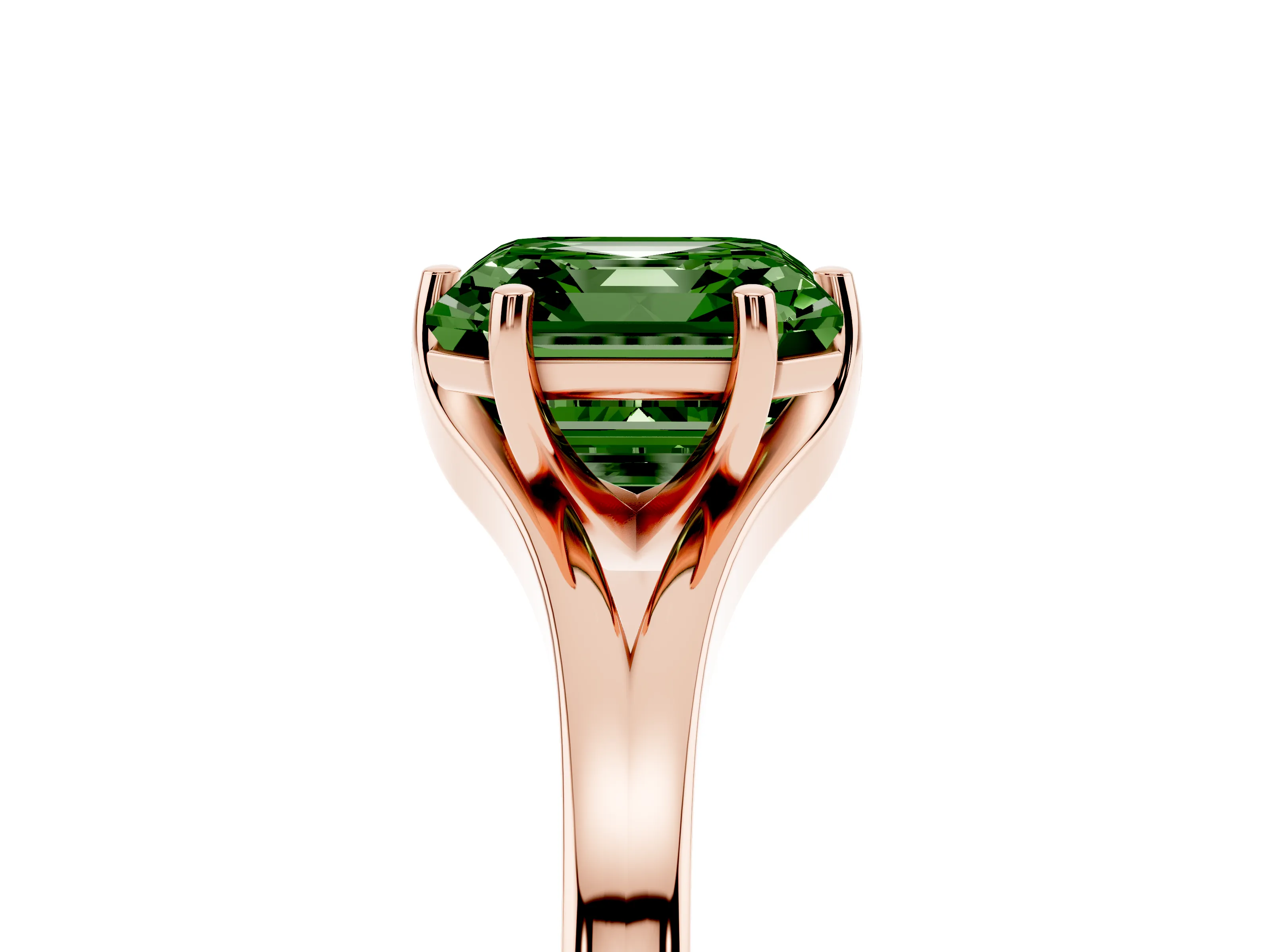 Fancy Green Asscher Cut Diamond Solitaire Ring Set in Rose gold with Polished Tapered Band and Prong Setting