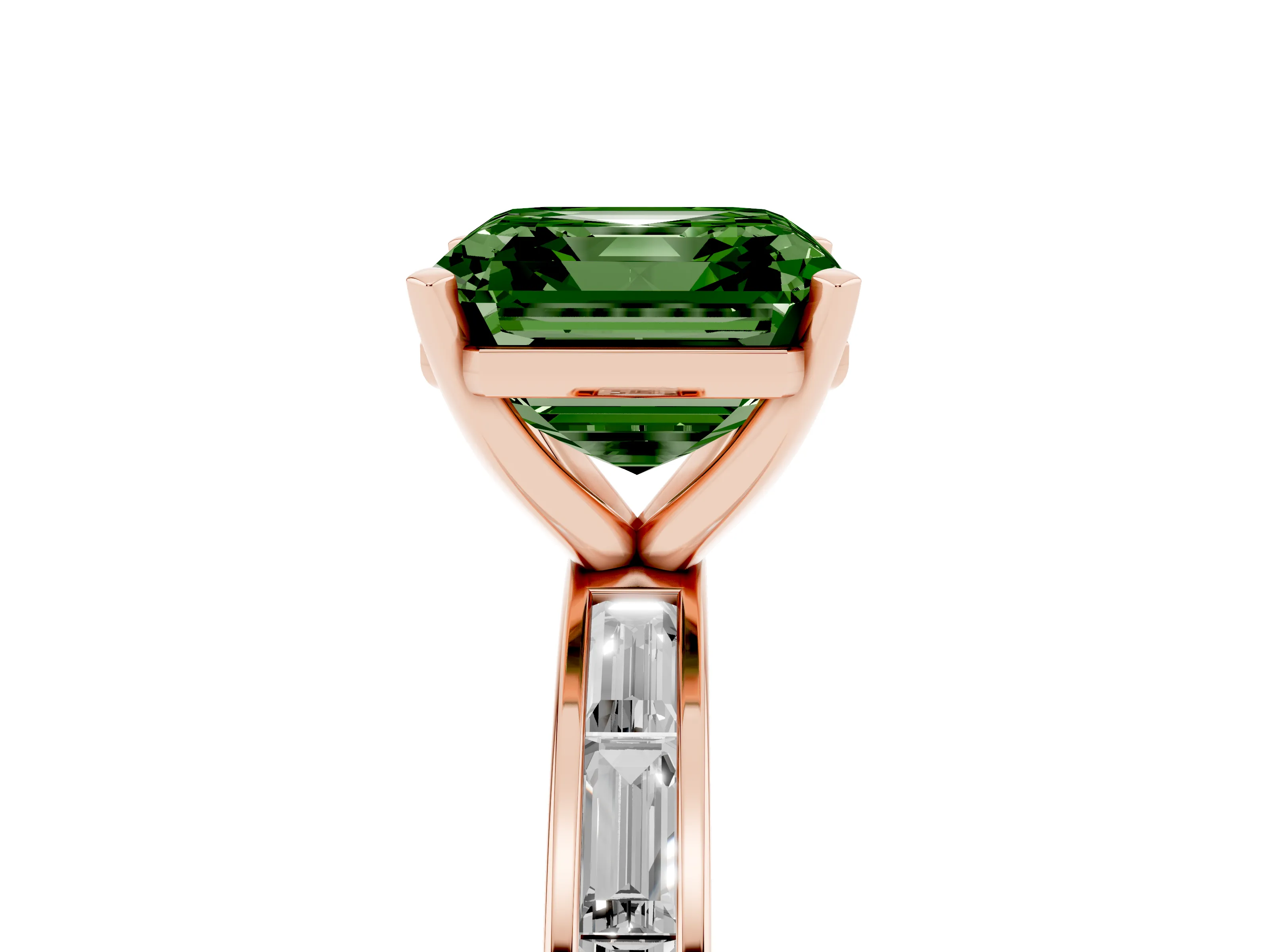 Fancy Green Asscher Cut Diamond Solitaire Ring Set in Rose gold with Channel-Set Baguette Band and Prong Setting