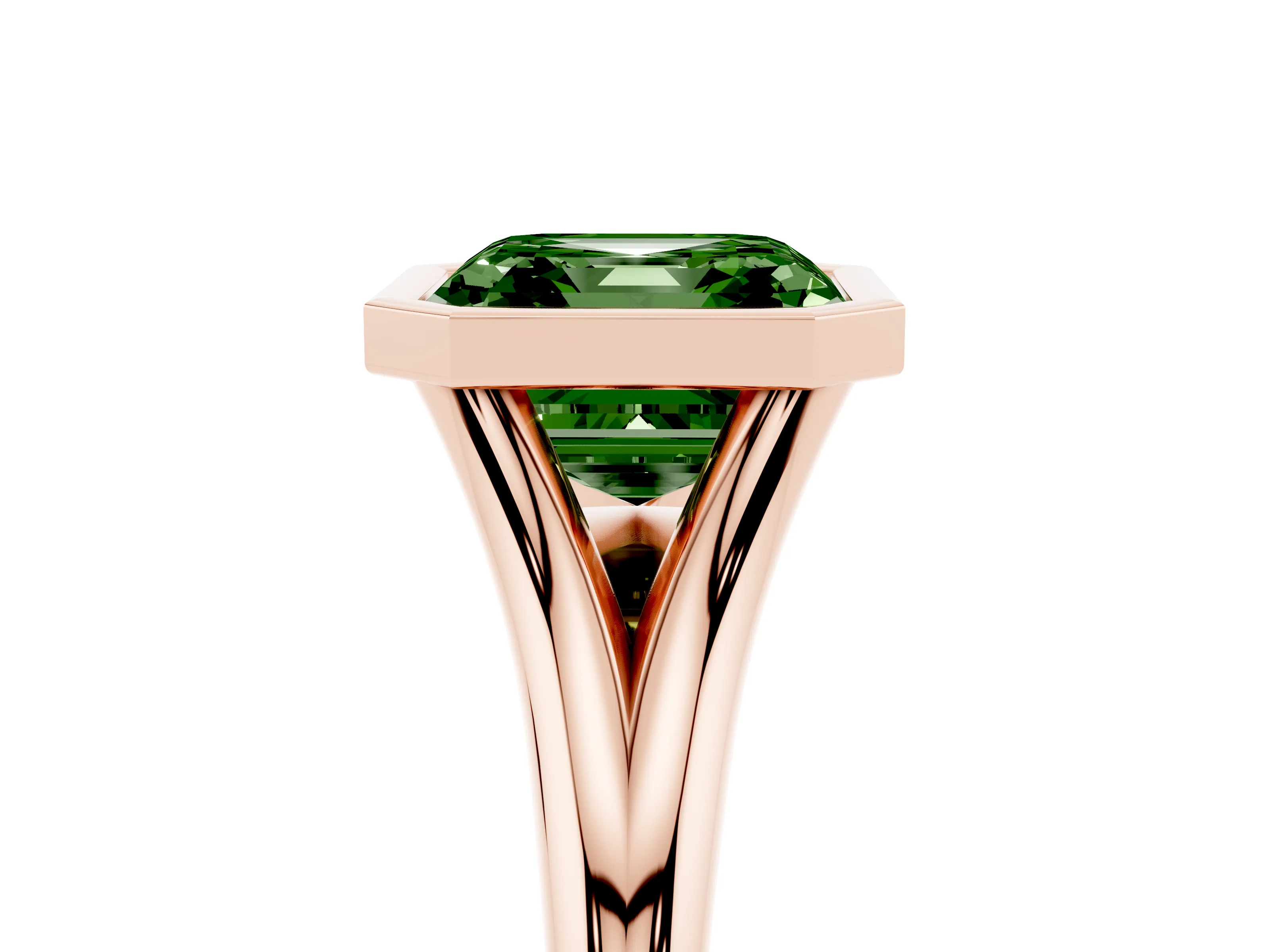 Fancy Green Bezel Set Asscher Cut Diamond Solitaire Ring Set in Rose gold with Tapered Band