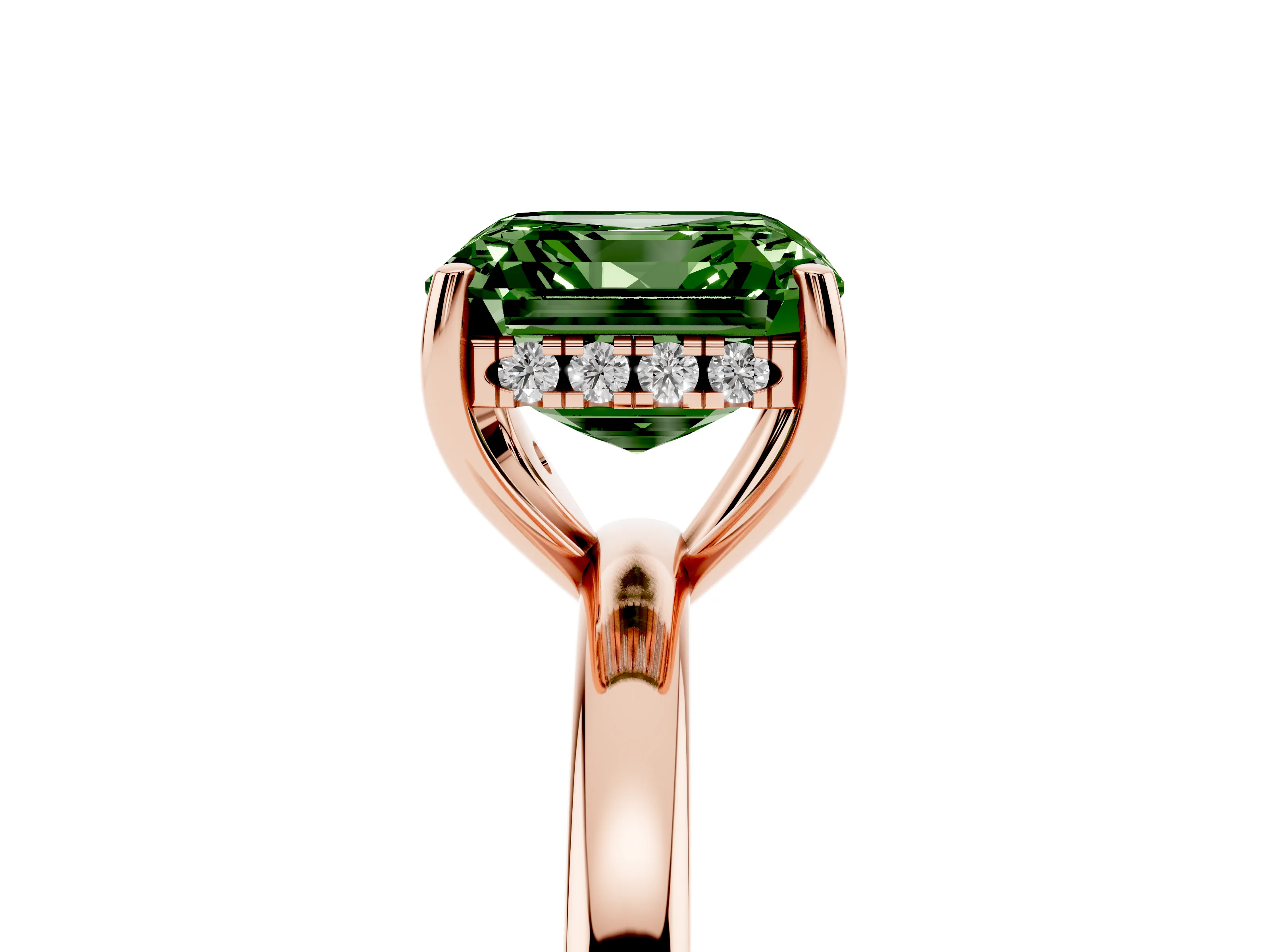 Fancy Green Asscher Cut Diamond Solitaire Ring Set in Rose gold with Plain Band and Prong Setting