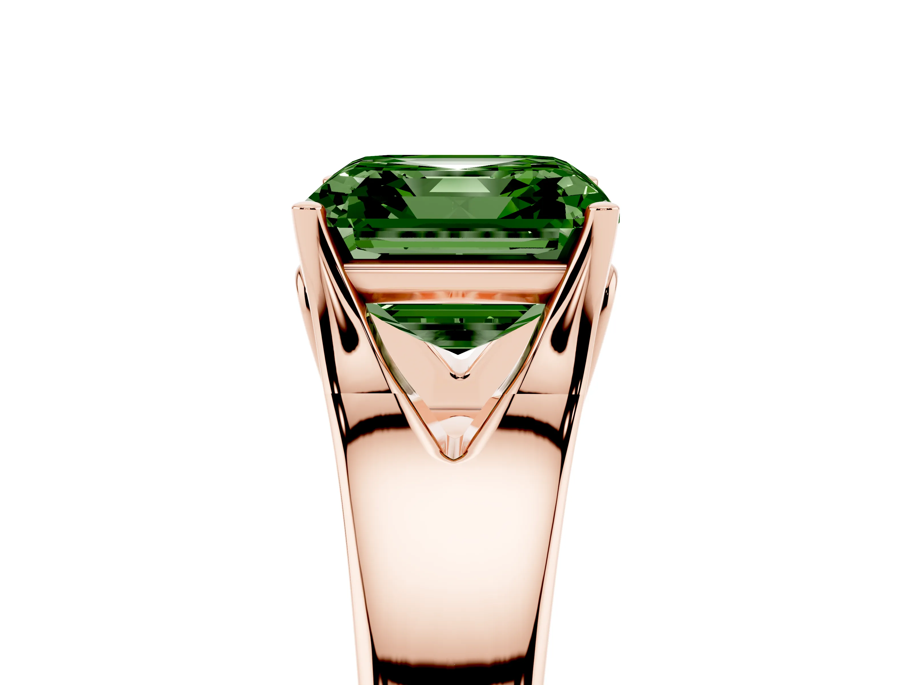 Fancy Green Asscher Cut Diamond Solitaire Ring Set in Rose gold with Arched Cathedral Band and Prong Setting