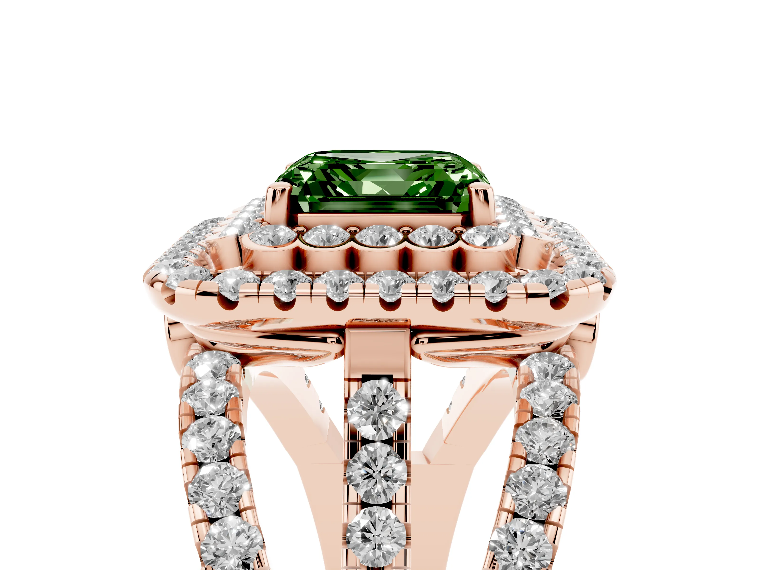 Fancy Green Asscher Cut Diamond Double Halo Ring Set in Rose gold with Round Pavé Split Shank